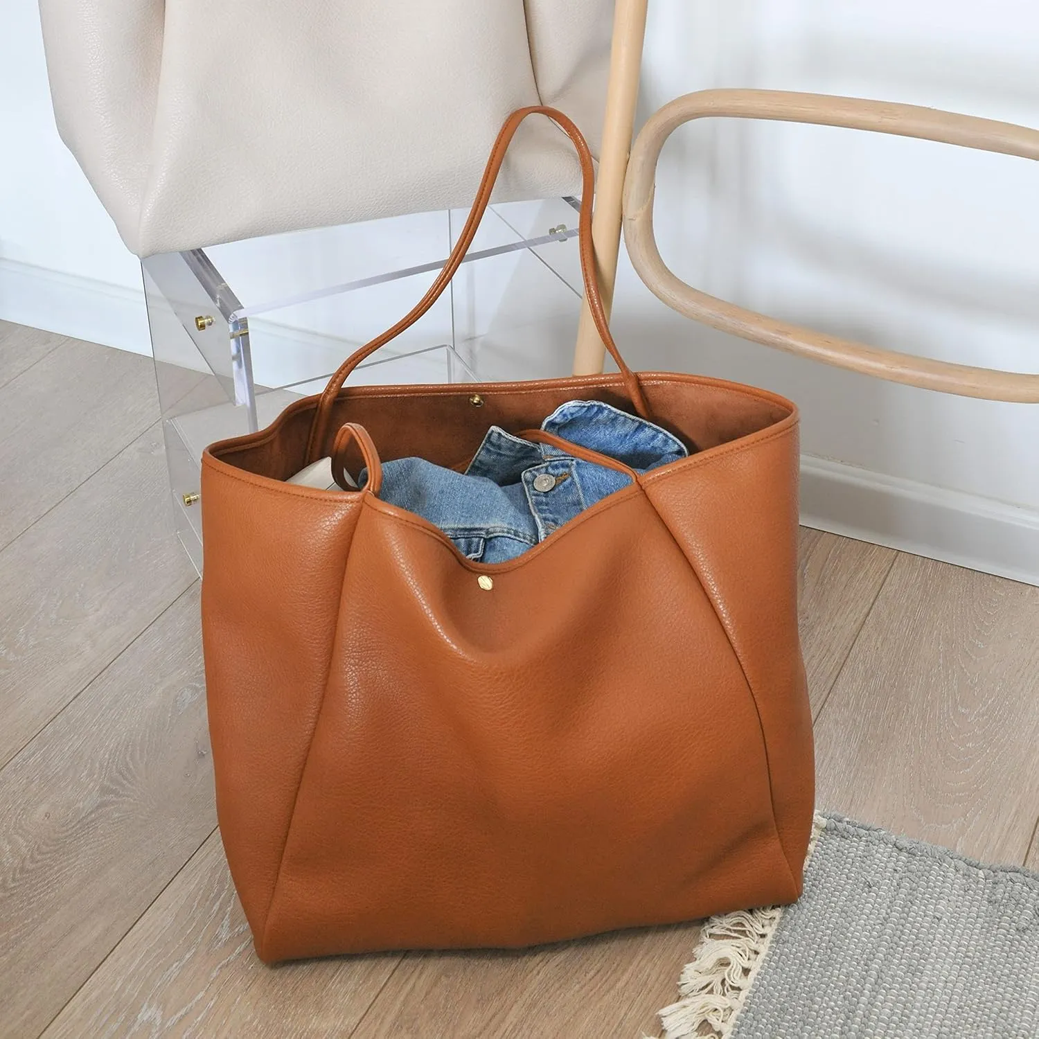 HOXIS Oversize Pu Leather Tote Women Weekender Bag Shopper Handbag Travel Purse