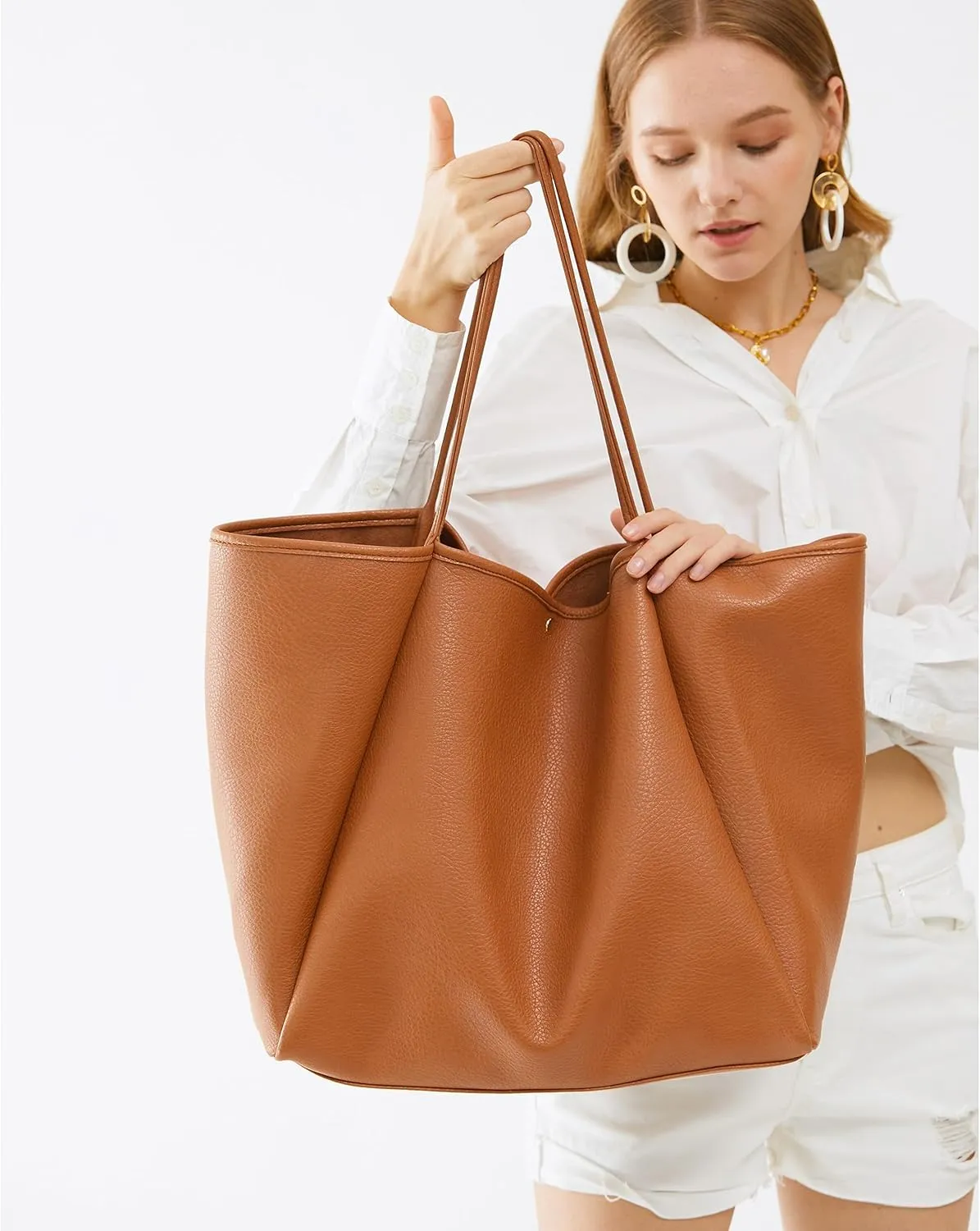 HOXIS Oversize Pu Leather Tote Women Weekender Bag Shopper Handbag Travel Purse