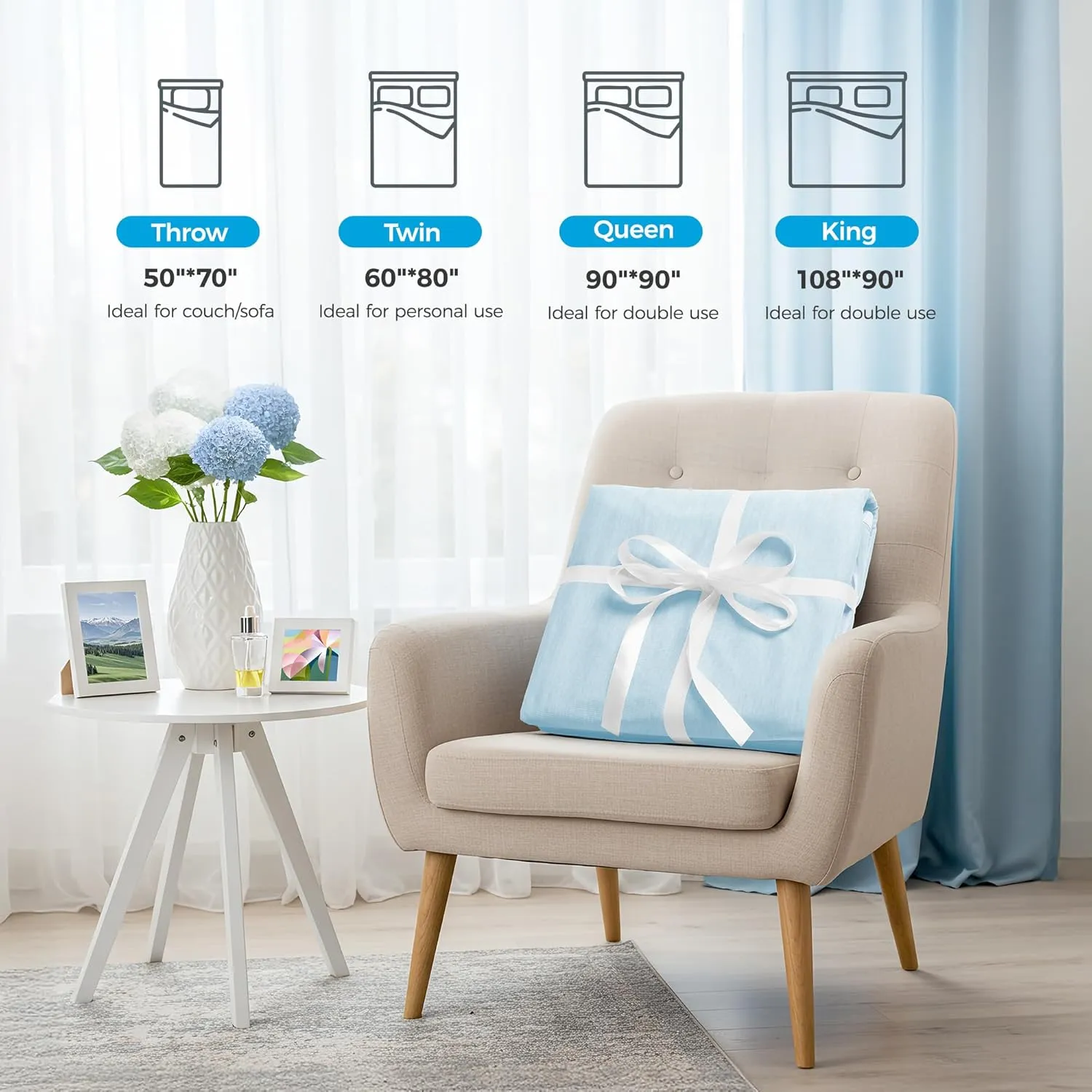 HYLEORY Cooling Blankets for Hot Sleepers, Cool Summer Blanket Keep Body Cool for Night Sweats Double Sided Lightweight Breathable Blanket for Bed Couch Sofa, Queen (90"x90"), Light Blue