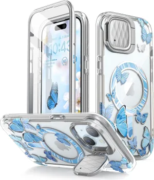 i-Blason for iPhone 14/13 Case [6.1''] with Camera Cover Stand [MagSafe Compatible] Slim Full-Body Protective Phone Case with Built-in Screen Protector (Bluefly)