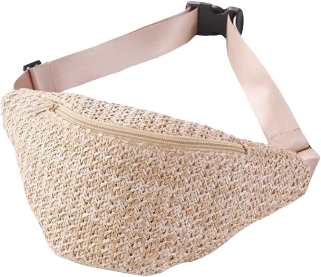 IAMUHI Straw Woven Fanny Pack Cross Chest Shoulder Handbag Purse Handwoven Beach Bag,Light Khaki