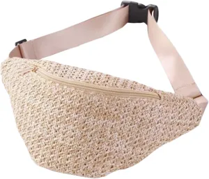 IAMUHI Straw Woven Fanny Pack Cross Chest Shoulder Handbag Purse Handwoven Beach Bag,Light Khaki