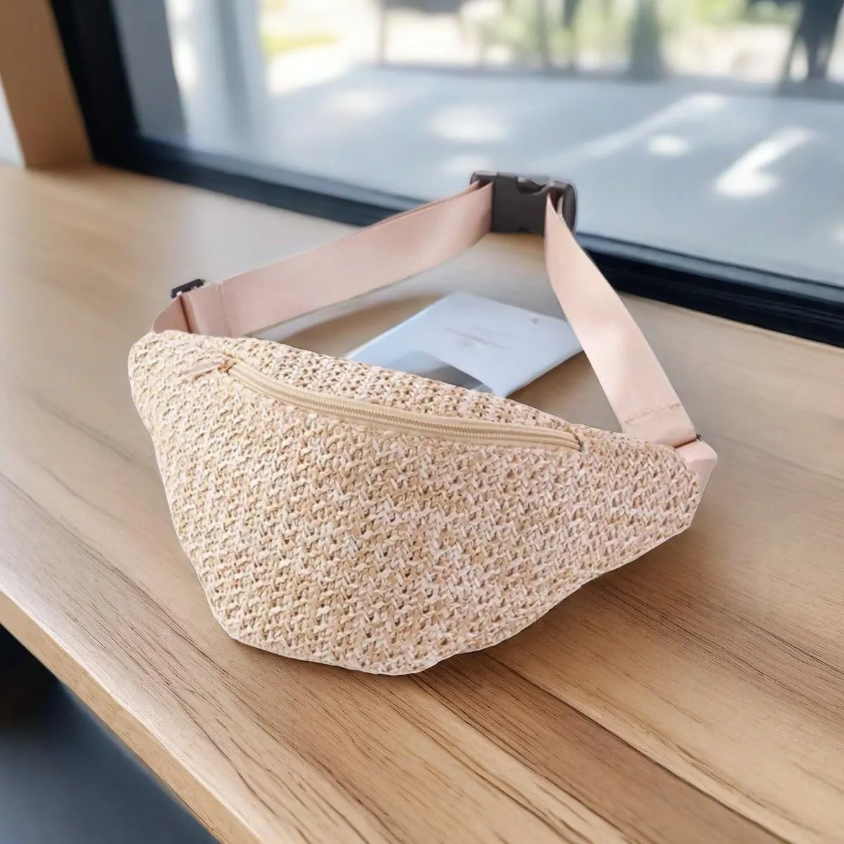 IAMUHI Straw Woven Fanny Pack Cross Chest Shoulder Handbag Purse Handwoven Beach Bag,Light Khaki