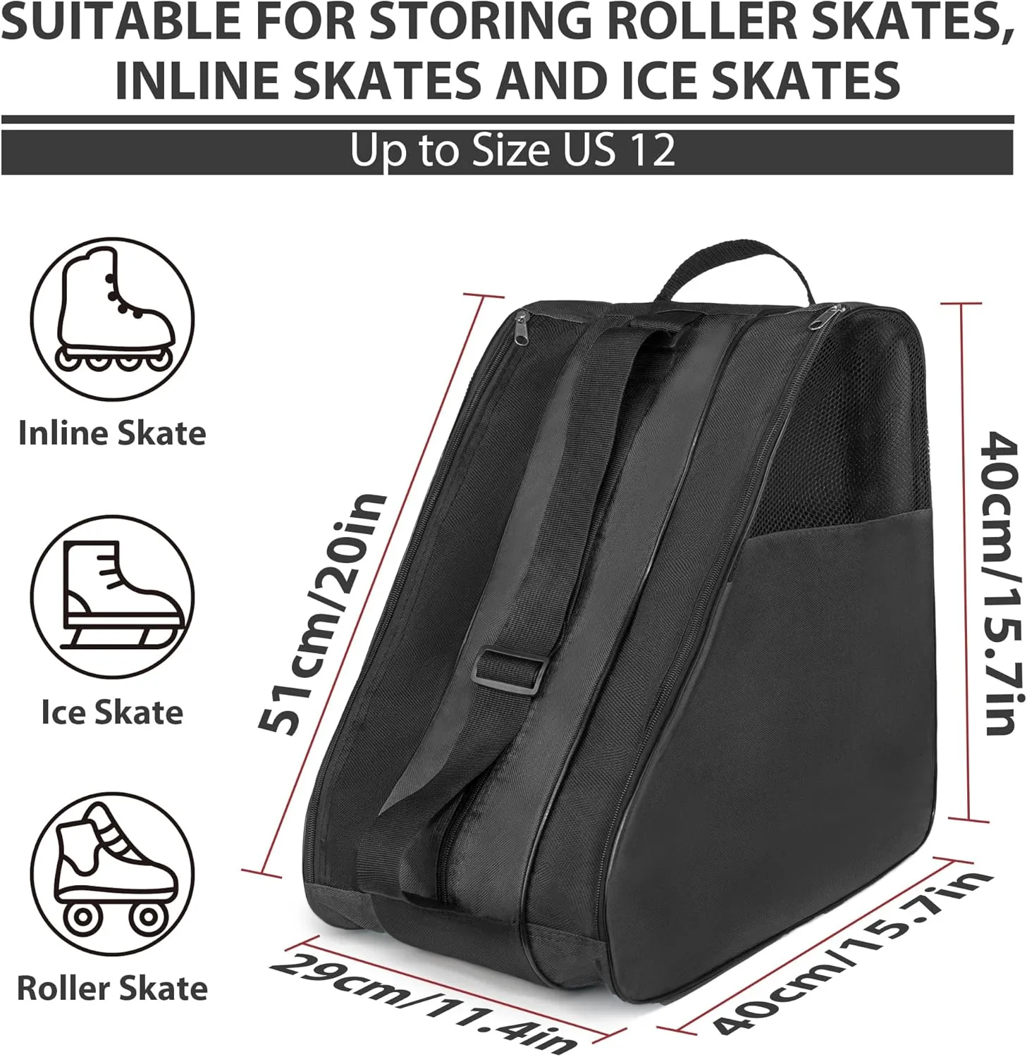 Ice Skate Bag, Large Capacity Roller Skate Bag for Both Kids and Adults, Breathable Figure Skating Bag with Adjustable Shoulder Strap Fit for Roller, Ice, Inline Skates