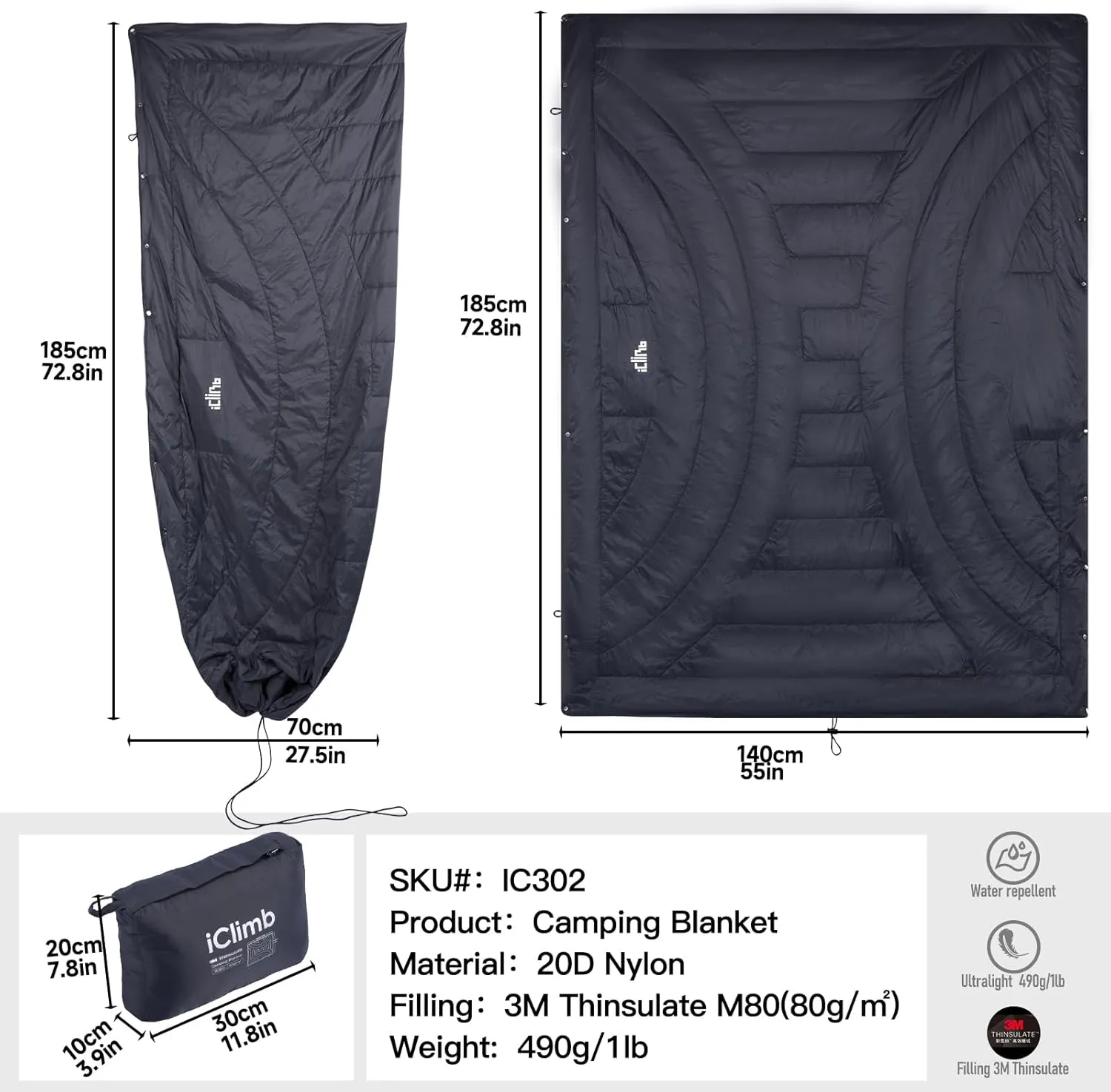 iClimb 3M Thinsulate Insulation Warm Camping Blanket Ultralight Compact (Dark Grey)