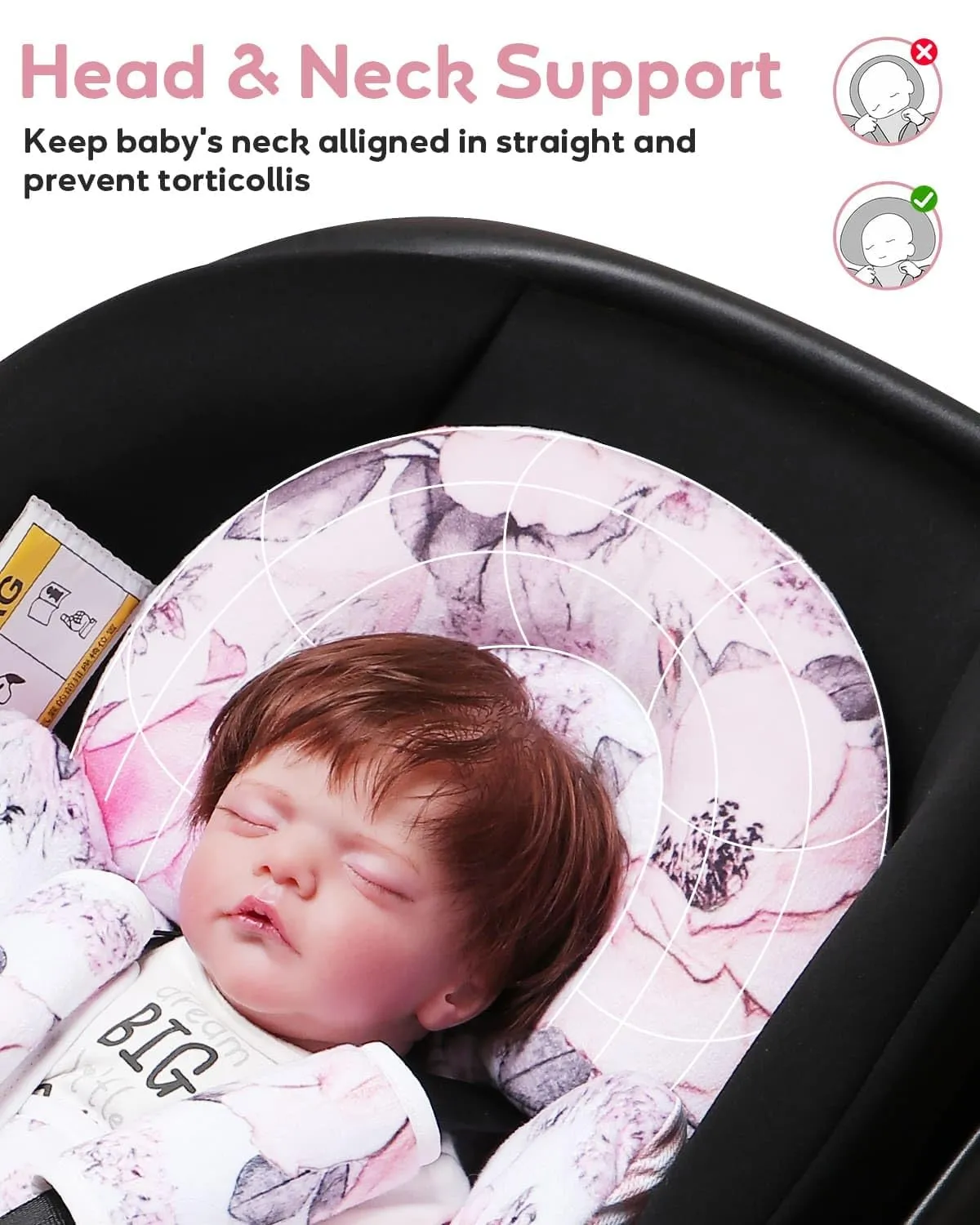 Infant Car Seat Insert, Enlarged Head Support for Baby Carseat, Reversible Newborn Insert with 3 Strap Covers, 2-in-1 Baby Car Seat Cushion for Stroller, Swing, Bouncer, Rocker - Pink Floral