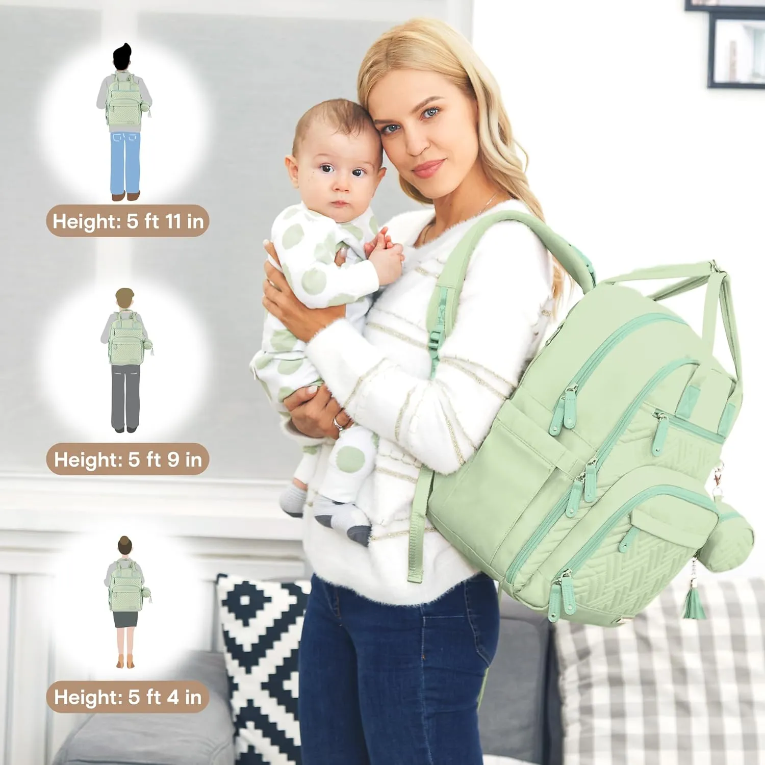 iniuniu Diaper Bag Backpack, 4 in 1 kit Large Unisex Baby Bags for Boys Girls, Waterproof Travel Back Pack with Diaper Pouch, Washable Changing Pad, Pacifier Case and Stroller Straps, Light Green