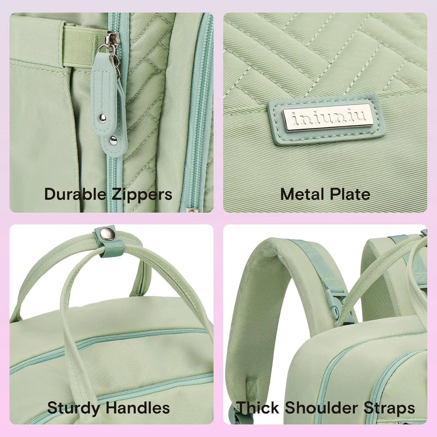 iniuniu Diaper Bag Backpack, 4 in 1 kit Large Unisex Baby Bags for Boys Girls, Waterproof Travel Back Pack with Diaper Pouch, Washable Changing Pad, Pacifier Case and Stroller Straps, Light Green