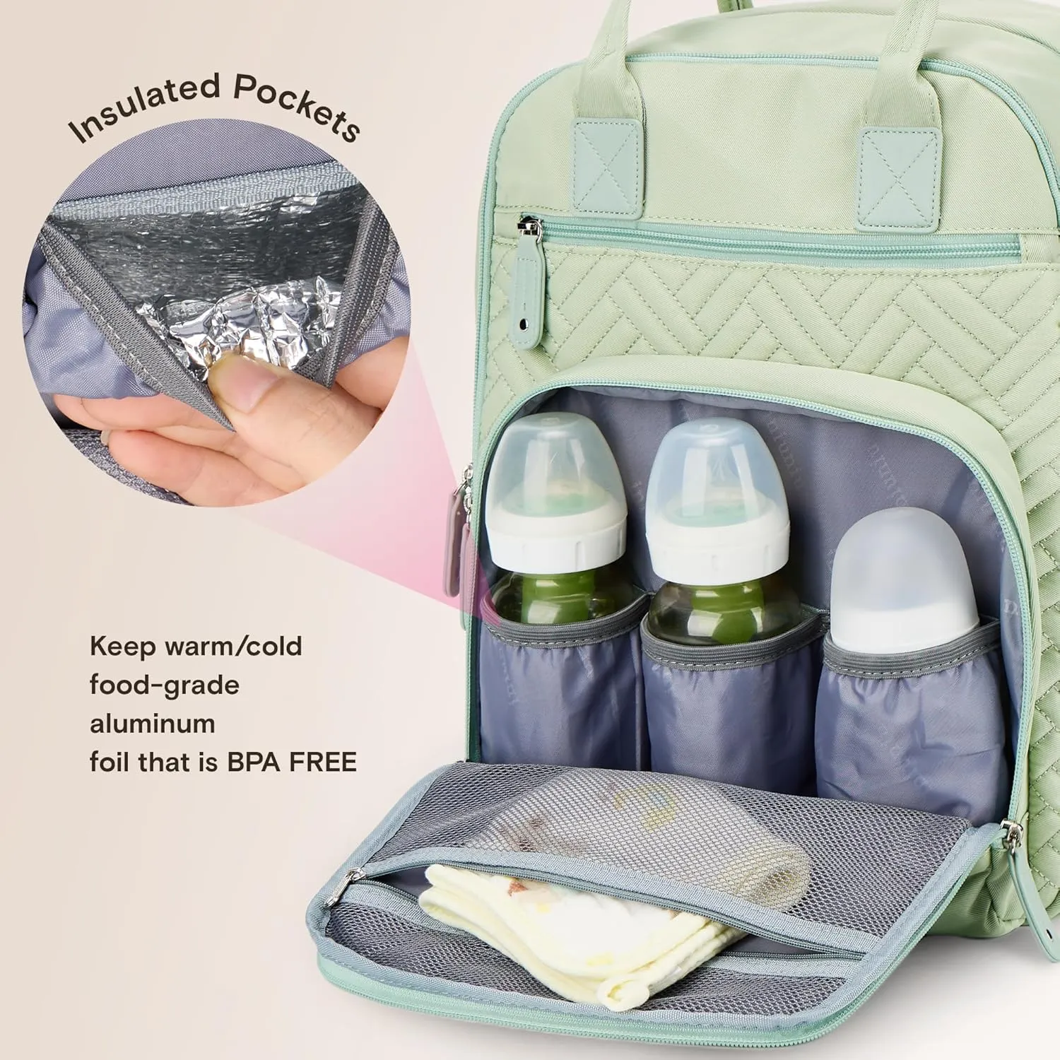 iniuniu Diaper Bag Backpack, 4 in 1 kit Large Unisex Baby Bags for Boys Girls, Waterproof Travel Back Pack with Diaper Pouch, Washable Changing Pad, Pacifier Case and Stroller Straps, Light Green