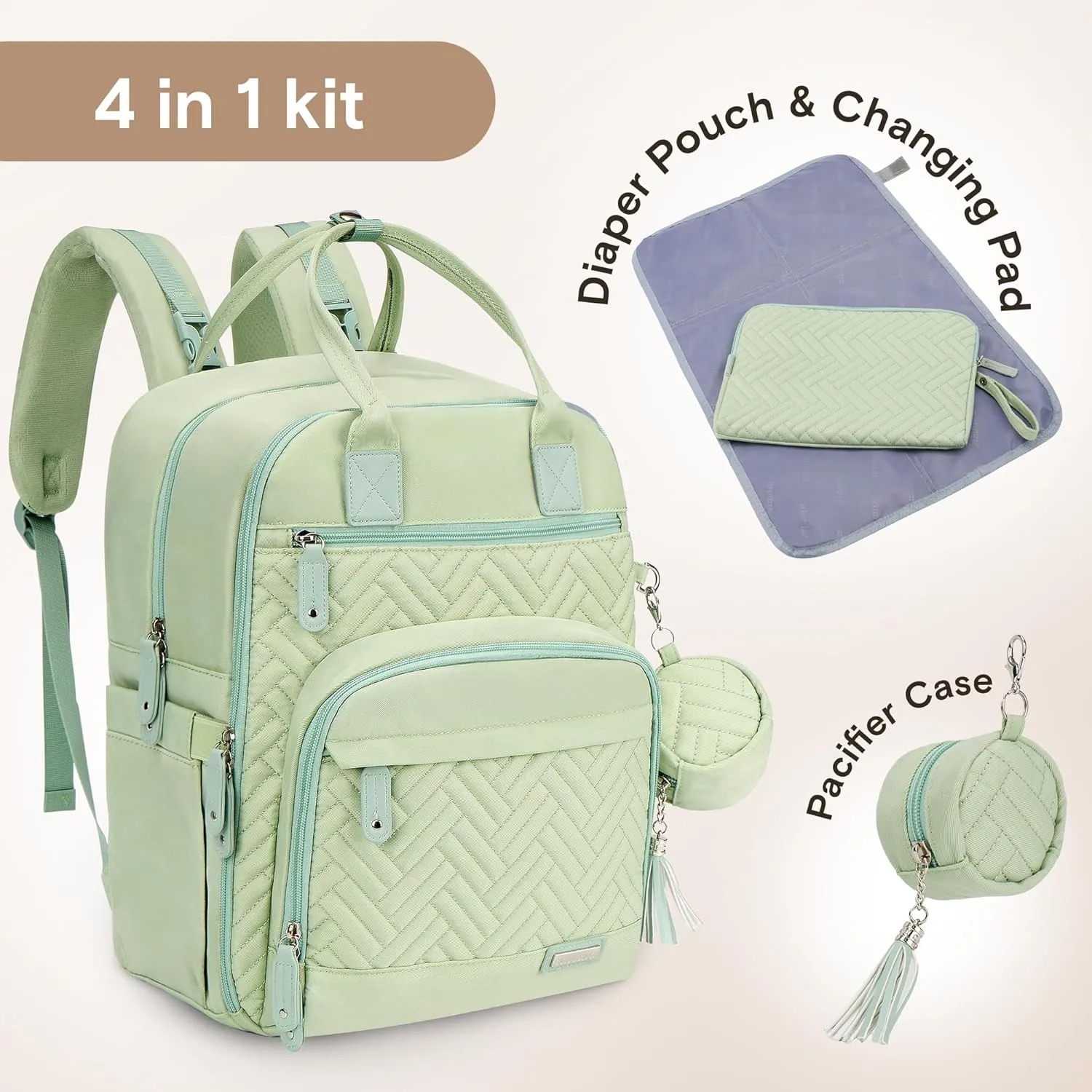 iniuniu Diaper Bag Backpack, 4 in 1 kit Large Unisex Baby Bags for Boys Girls, Waterproof Travel Back Pack with Diaper Pouch, Washable Changing Pad, Pacifier Case and Stroller Straps, Light Green
