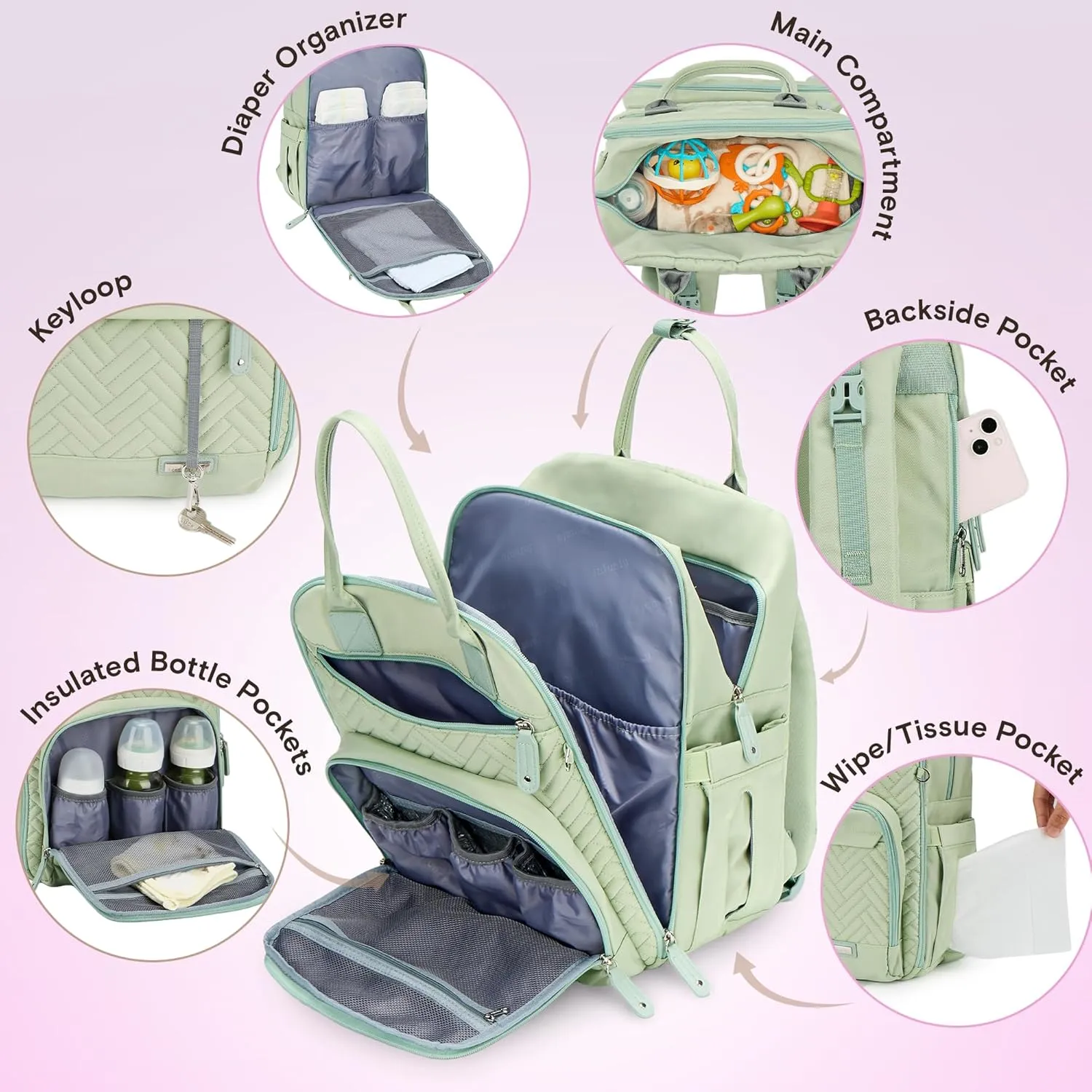 iniuniu Diaper Bag Backpack, 4 in 1 kit Large Unisex Baby Bags for Boys Girls, Waterproof Travel Back Pack with Diaper Pouch, Washable Changing Pad, Pacifier Case and Stroller Straps, Light Green