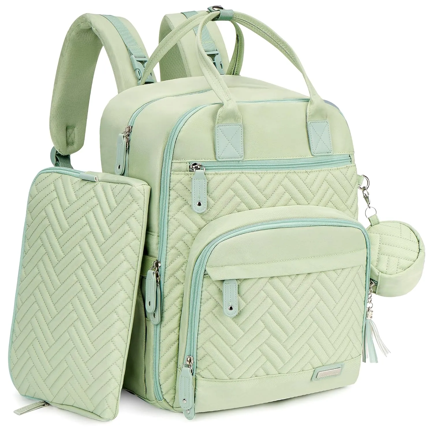 iniuniu Diaper Bag Backpack, 4 in 1 kit Large Unisex Baby Bags for Boys Girls, Waterproof Travel Back Pack with Diaper Pouch, Washable Changing Pad, Pacifier Case and Stroller Straps, Light Green