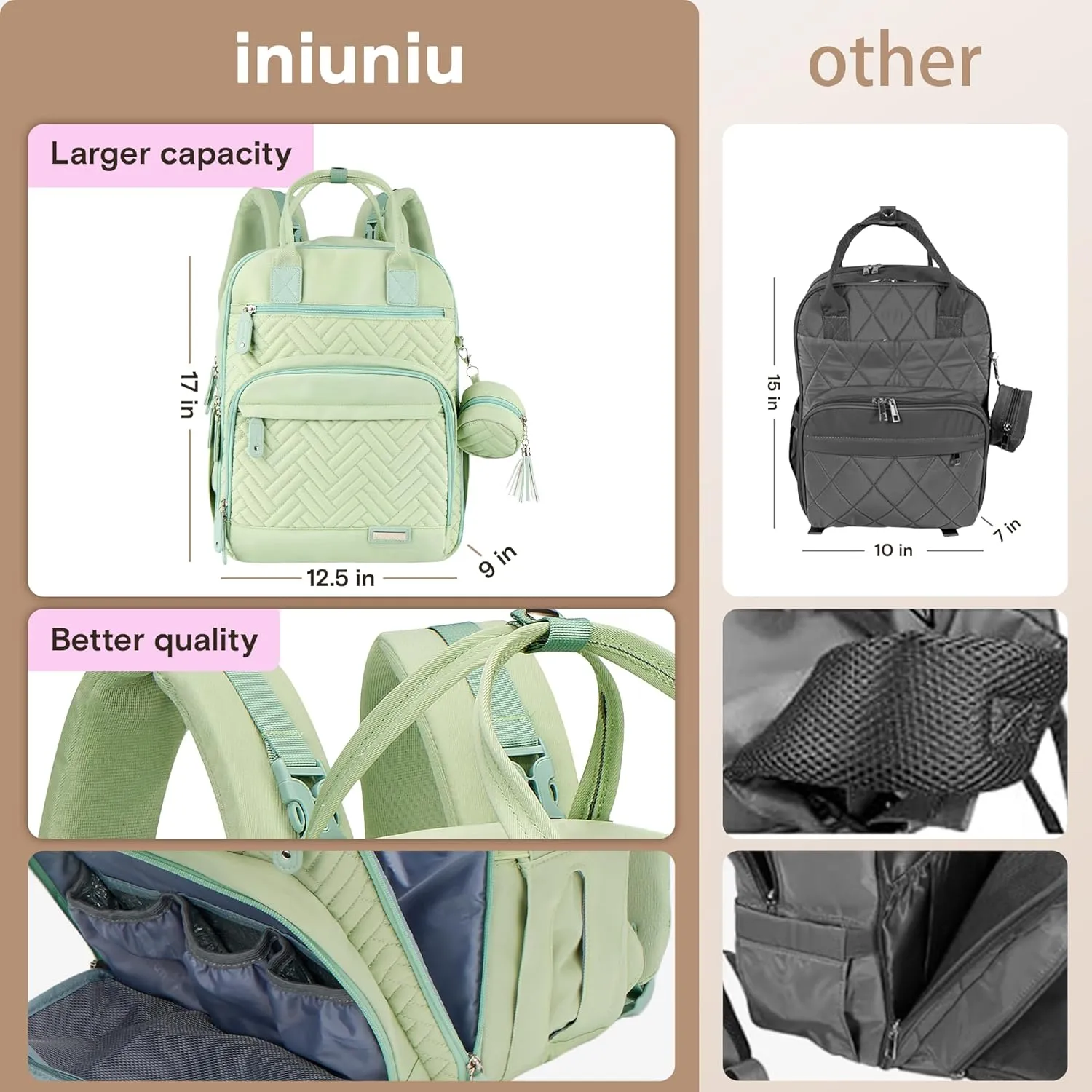 iniuniu Diaper Bag Backpack, 4 in 1 kit Large Unisex Baby Bags for Boys Girls, Waterproof Travel Back Pack with Diaper Pouch, Washable Changing Pad, Pacifier Case and Stroller Straps, Light Green