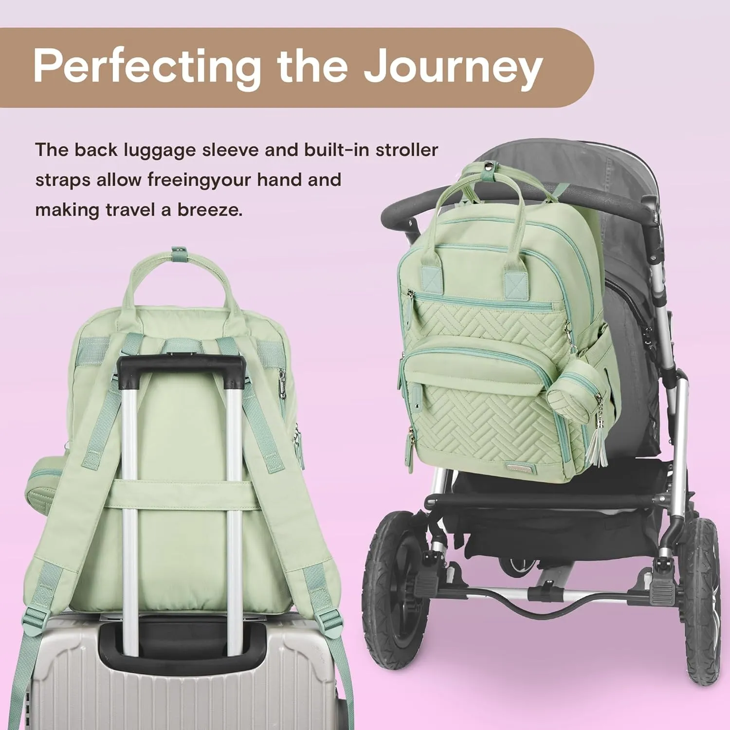iniuniu Diaper Bag Backpack, 4 in 1 kit Large Unisex Baby Bags for Boys Girls, Waterproof Travel Back Pack with Diaper Pouch, Washable Changing Pad, Pacifier Case and Stroller Straps, Light Green