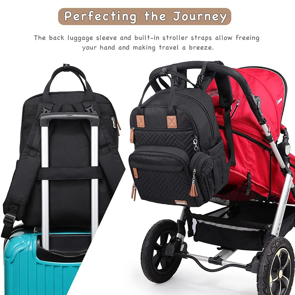 iniuniu Diaper Bag Backpack, 4 in 1 kit Large Unisex Baby Boys Girls Waterproof Travel Back Pack with Diaper Pouch, Washable Changing Pad, Pacifier Case and Stroller Straps, Black