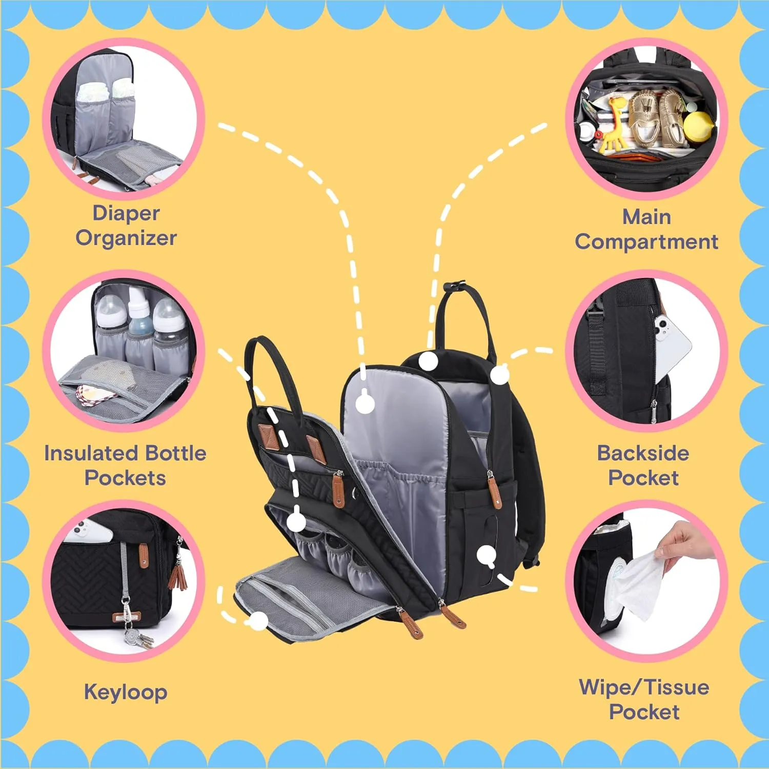 iniuniu Diaper Bag Backpack, 4 in 1 kit Large Unisex Baby Boys Girls Waterproof Travel Back Pack with Diaper Pouch, Washable Changing Pad, Pacifier Case and Stroller Straps, Black