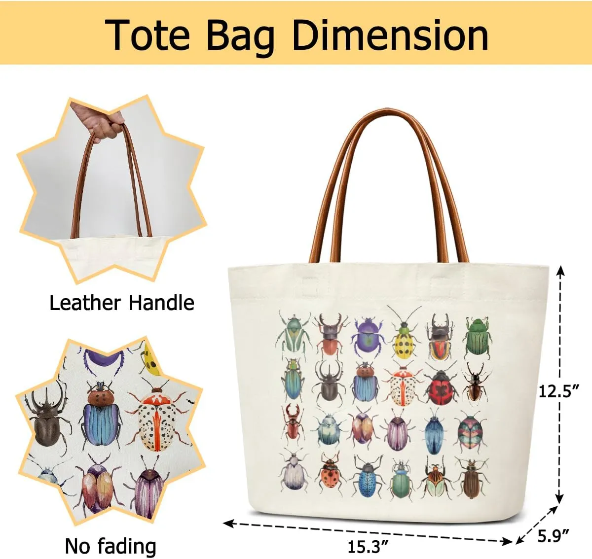 Insect Canvas Tote Bag For Women, Reusable Grocery Shoulder Bag Tote Bags for Work Beach Travel Gym, Beach Bag Handbag Motivational Gifts Birthday Gifts for for Insect Collector Teacher Friends -14