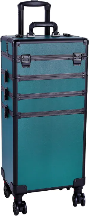 Interchangeable Aluminum Rolling Makeup Train Case Cosmetic Trolley 4 in 1 Trolley Makeup Travel Case with Key Swivel Wheels Salon Barber Case Traveling Cart Trunk - Dark Green