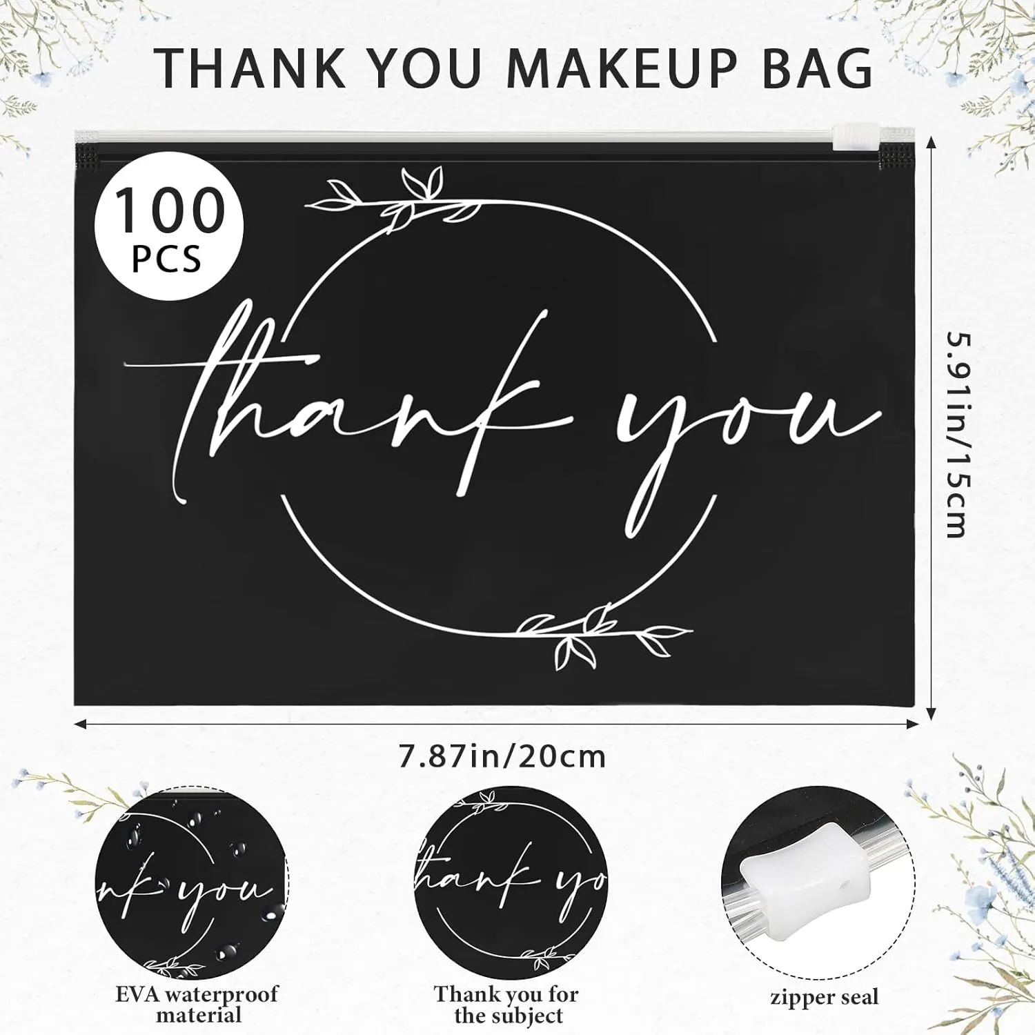 Ireer 100 Pcs Thank You Gift Makeup Bags EVA Clear Cosmetic Bag with Zipper Mini Makeup Thank You Toiletry Cosmetics Bulk Gifts for Women Birthday Daughter Sister(Black)