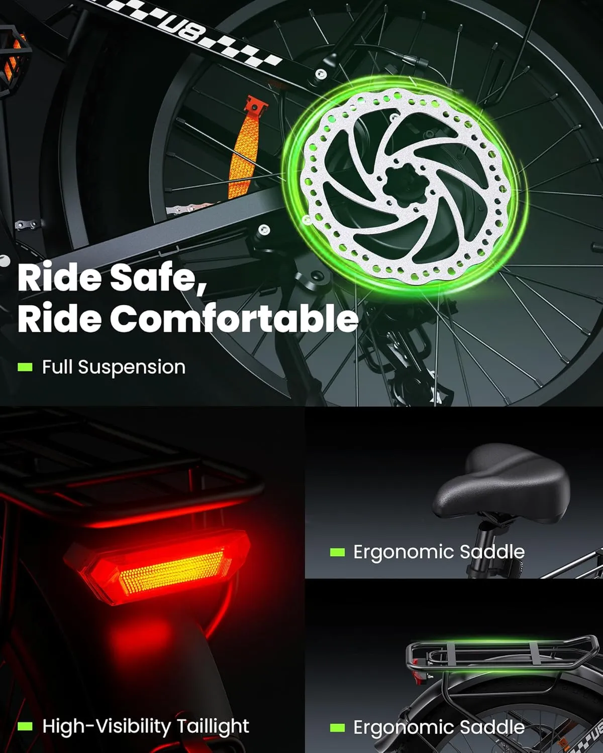 isinwheel U8 Electric Bike for Adults,1000W Peak Motor Ebike,Max 20/28MPH 75-105Miles Range Electric Bicycle,48V 13AH/18AH Battery Commuting 20" Step Thru Fat Tire Ebikes for Adults,7 Speed Gearing