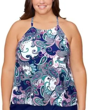 Island Escape Plus Size Cali High-Neck Underwire Tankini Top Paisley Paradise Navy Multi 24W