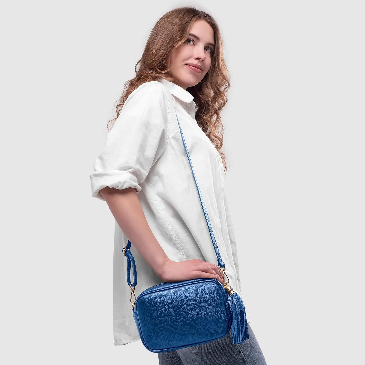 Italian Genuine Calf Leather Crossbody Bag for Women with Zip Strap Tassel | Small Camera Purse Shoulder Handbag Pocketbook