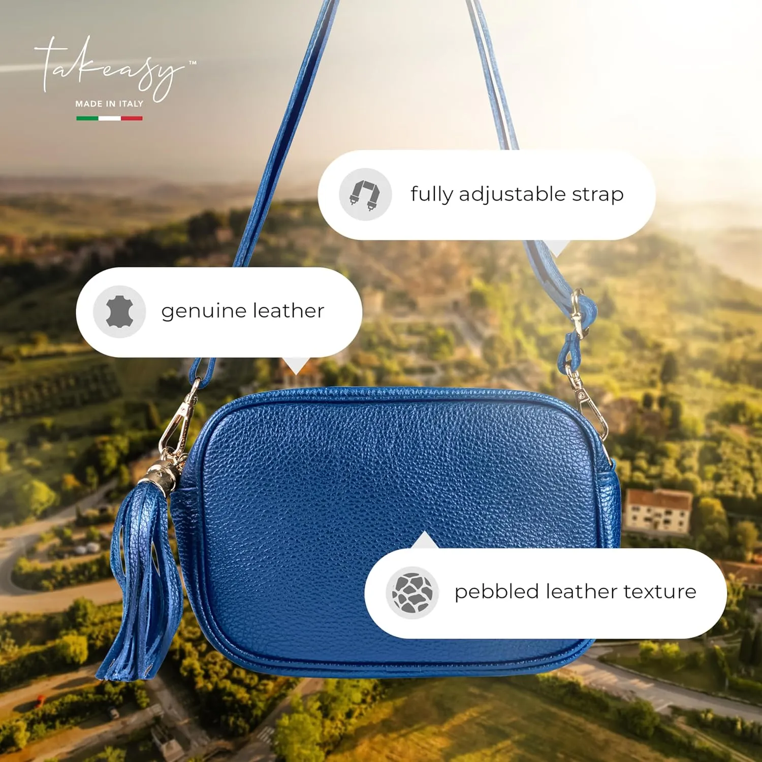 Italian Genuine Calf Leather Crossbody Bag for Women with Zip Strap Tassel | Small Camera Purse Shoulder Handbag Pocketbook