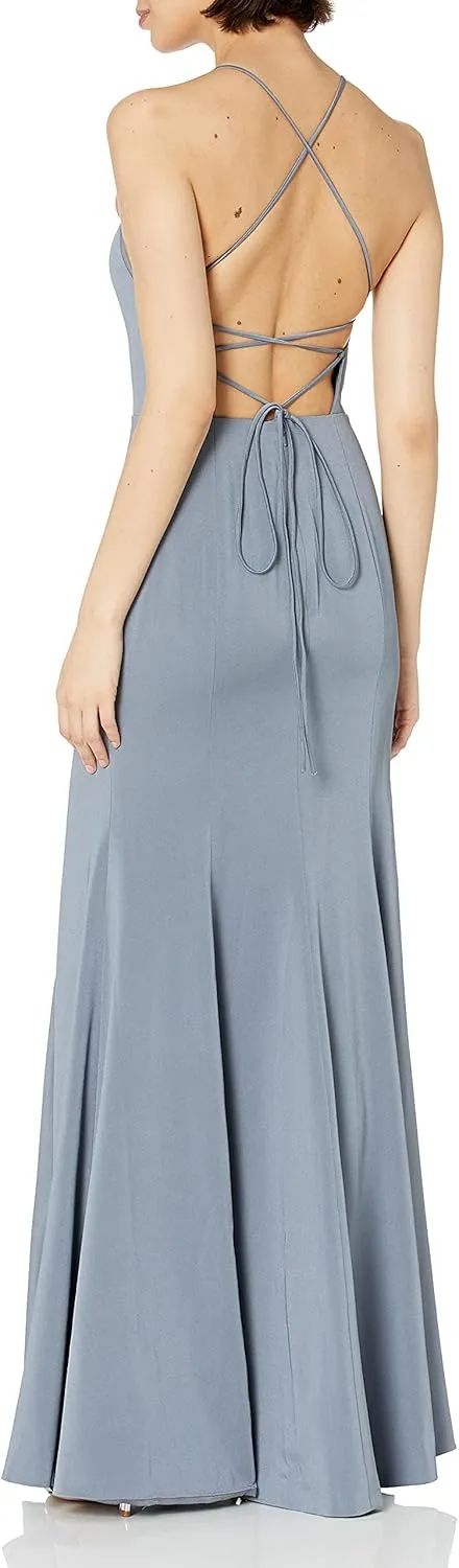 Jenny Yoo Women's Naomi Criss Cross Back Halter Neck Fitted Crepe Long Gown