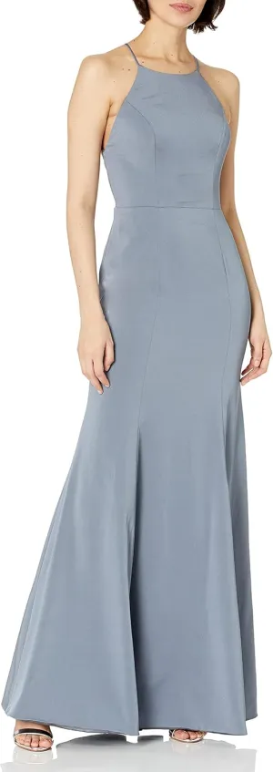 Jenny Yoo Women's Naomi Criss Cross Back Halter Neck Fitted Crepe Long Gown