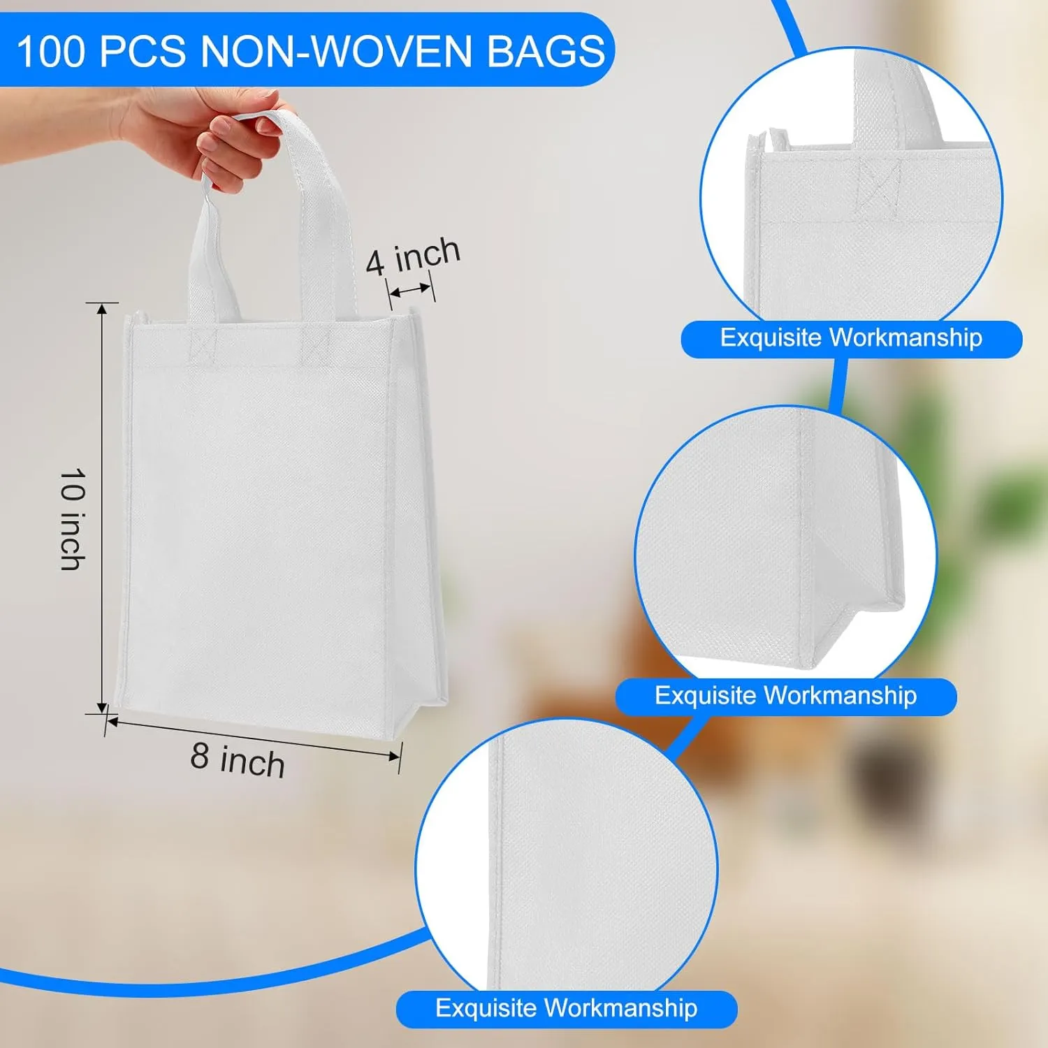 Jexine 100 Pcs Non Woven Bags Reusable Gift Bag with Handles Shopping Tote Grocery Goodie Party Treat Bags Favors(White)