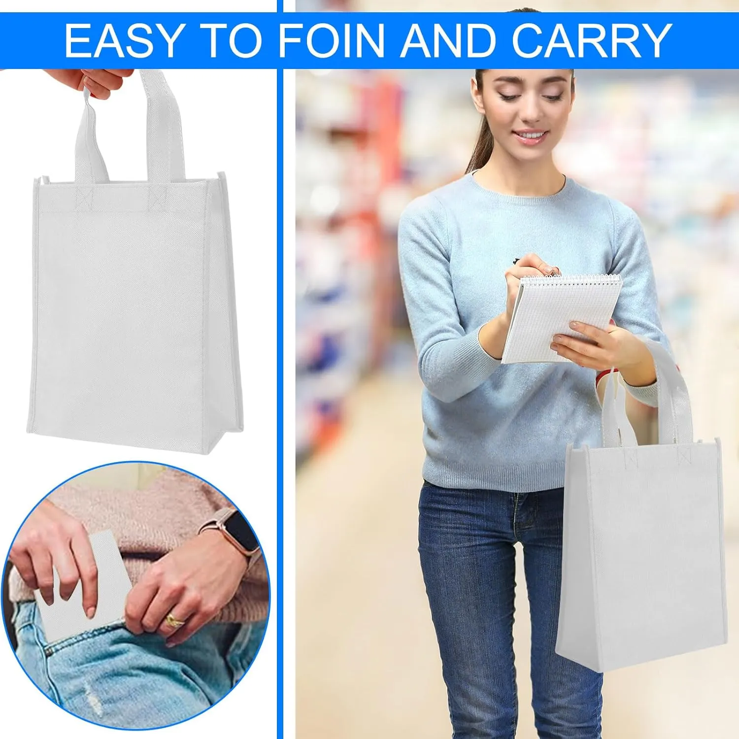 Jexine 100 Pcs Non Woven Bags Reusable Gift Bag with Handles Shopping Tote Grocery Goodie Party Treat Bags Favors(White)