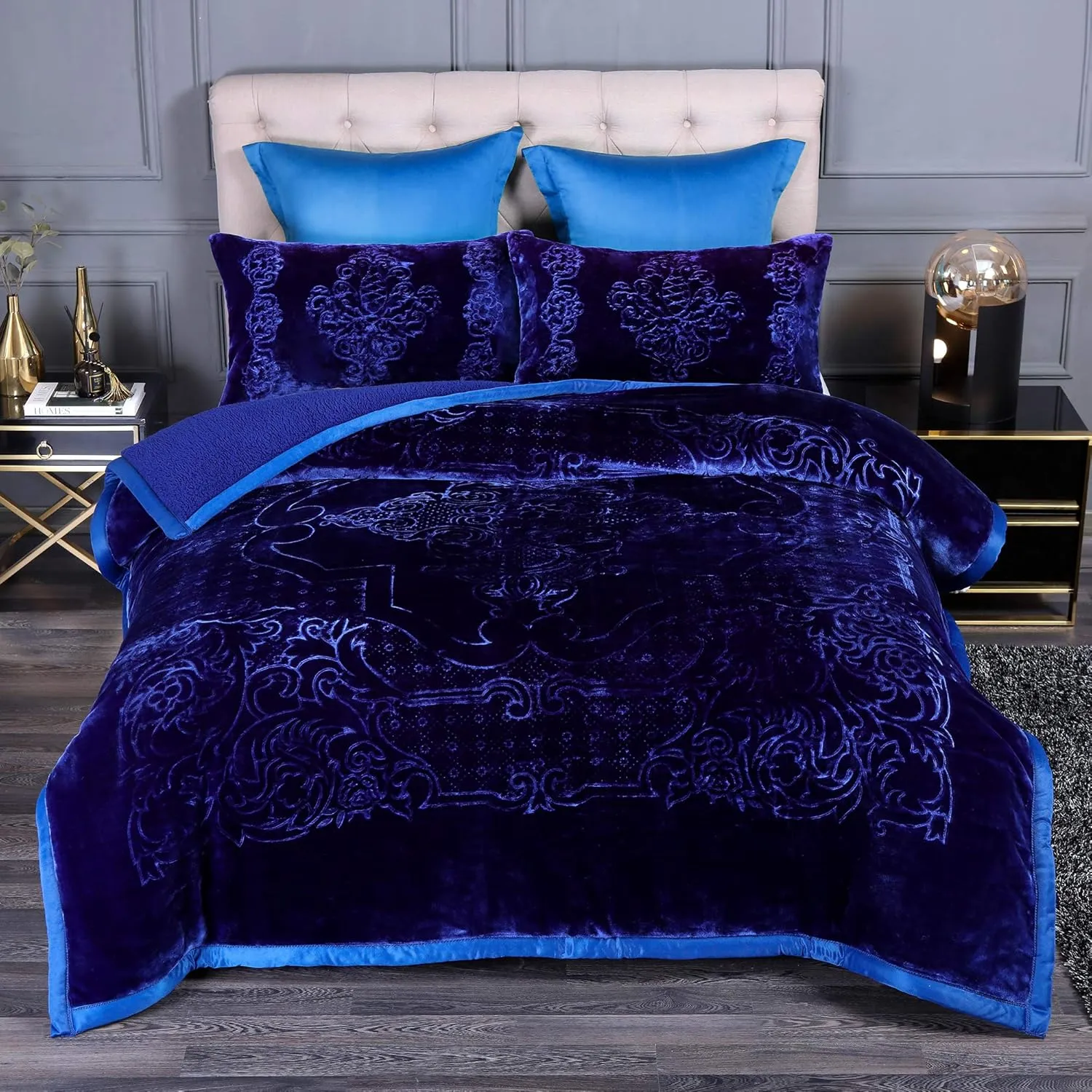 JML Fleece Sherpa Blanket 79"x 91", 3-Ply With 2 Pillow Shams - Super Soft Warm, Korean Style Reversible Embossed Winter Borrego, Navy