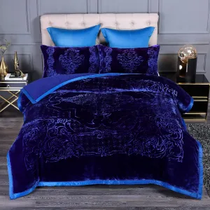 JML Fleece Sherpa Blanket 79"x 91", 3-Ply With 2 Pillow Shams - Super Soft Warm, Korean Style Reversible Embossed Winter Borrego, Navy