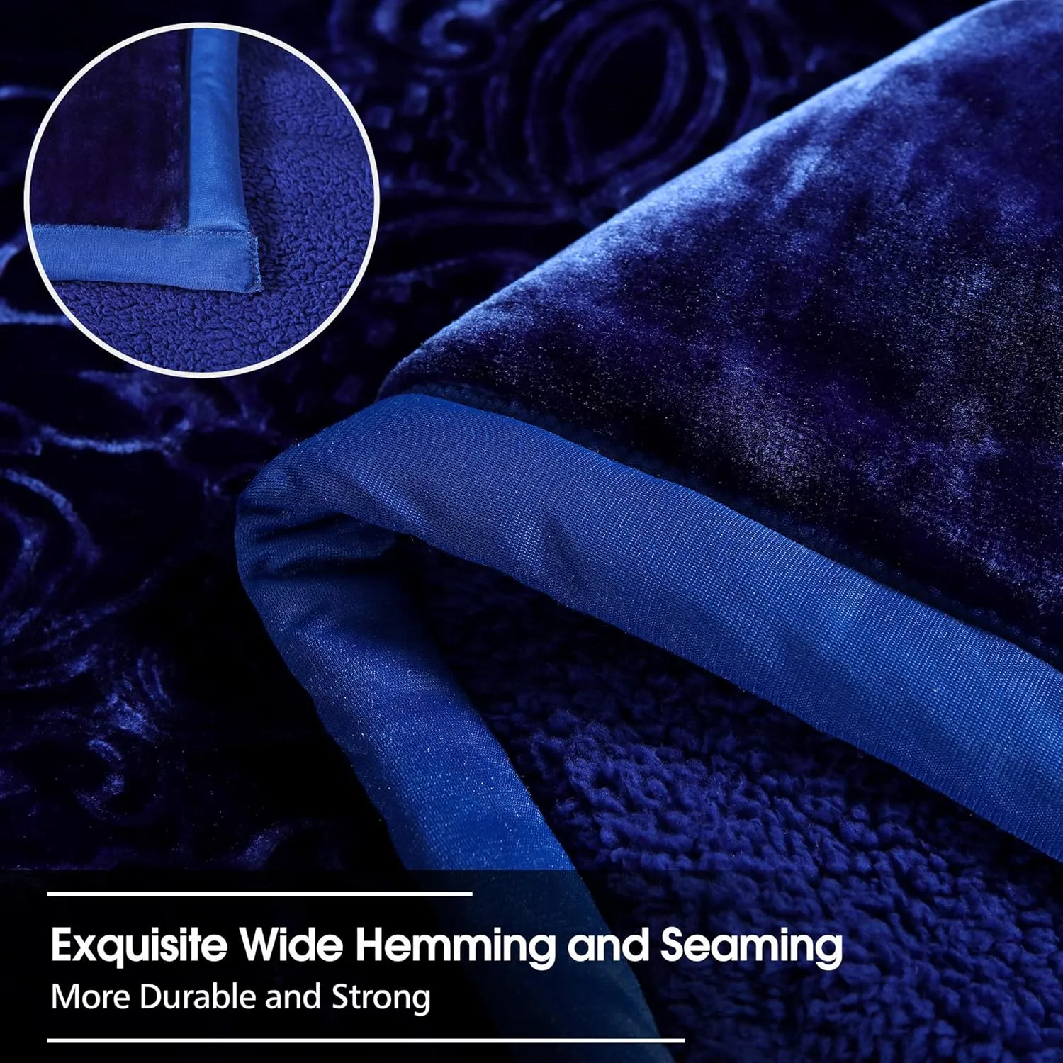 JML Fleece Sherpa Blanket 79"x 91", 3-Ply With 2 Pillow Shams - Super Soft Warm, Korean Style Reversible Embossed Winter Borrego, Navy