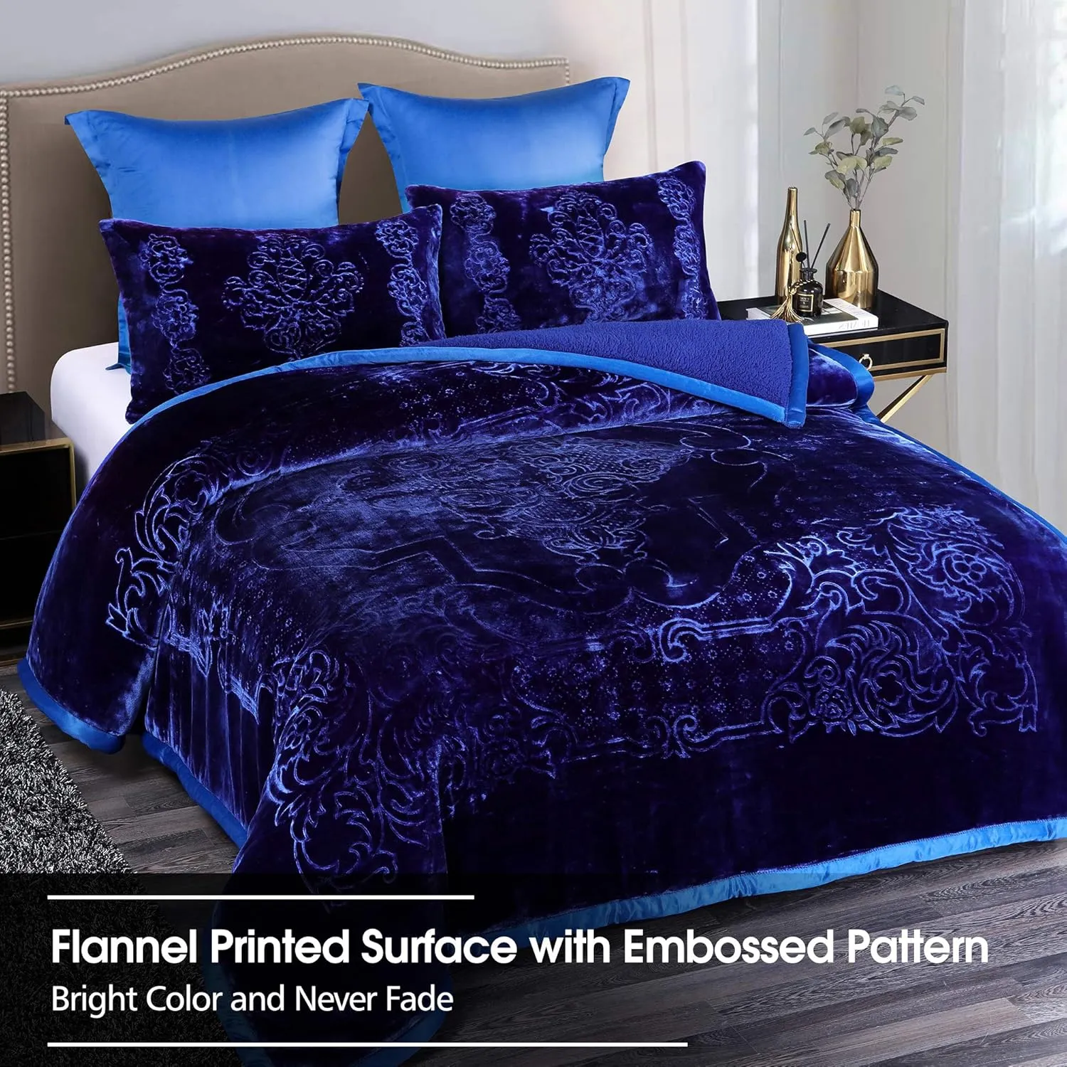JML Fleece Sherpa Blanket 79"x 91", 3-Ply With 2 Pillow Shams - Super Soft Warm, Korean Style Reversible Embossed Winter Borrego, Navy