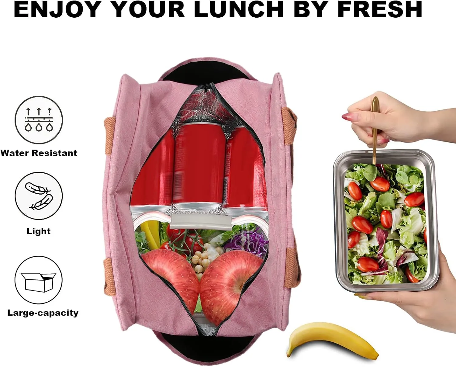 Joymee Lunch Bag Women Insulated Lunch Box Reusable Leakproof Large Spacious Cooler Tote for Womens Mens Adults with Bottle Holder and Side Pockets for Work Office Travel Picnic - Light Pink