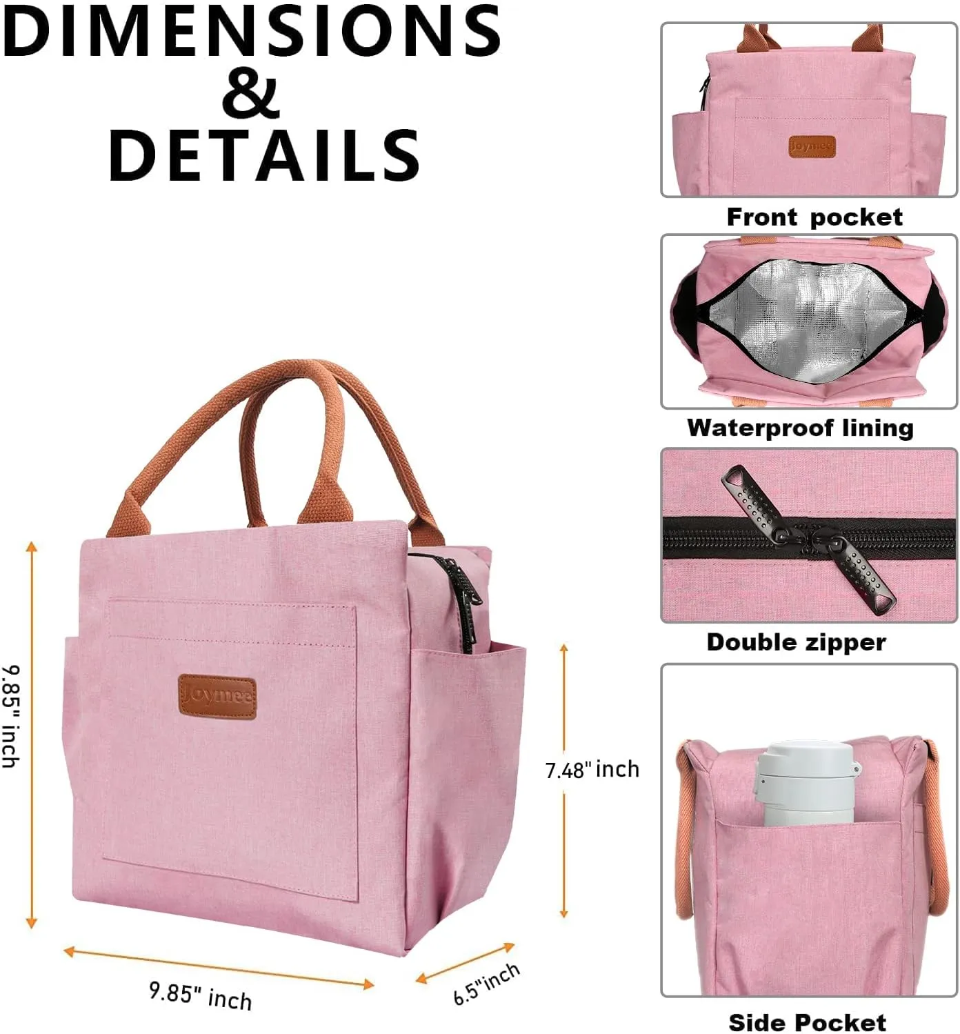 Joymee Lunch Bag Women Insulated Lunch Box Reusable Leakproof Large Spacious Cooler Tote for Womens Mens Adults with Bottle Holder and Side Pockets for Work Office Travel Picnic - Light Pink