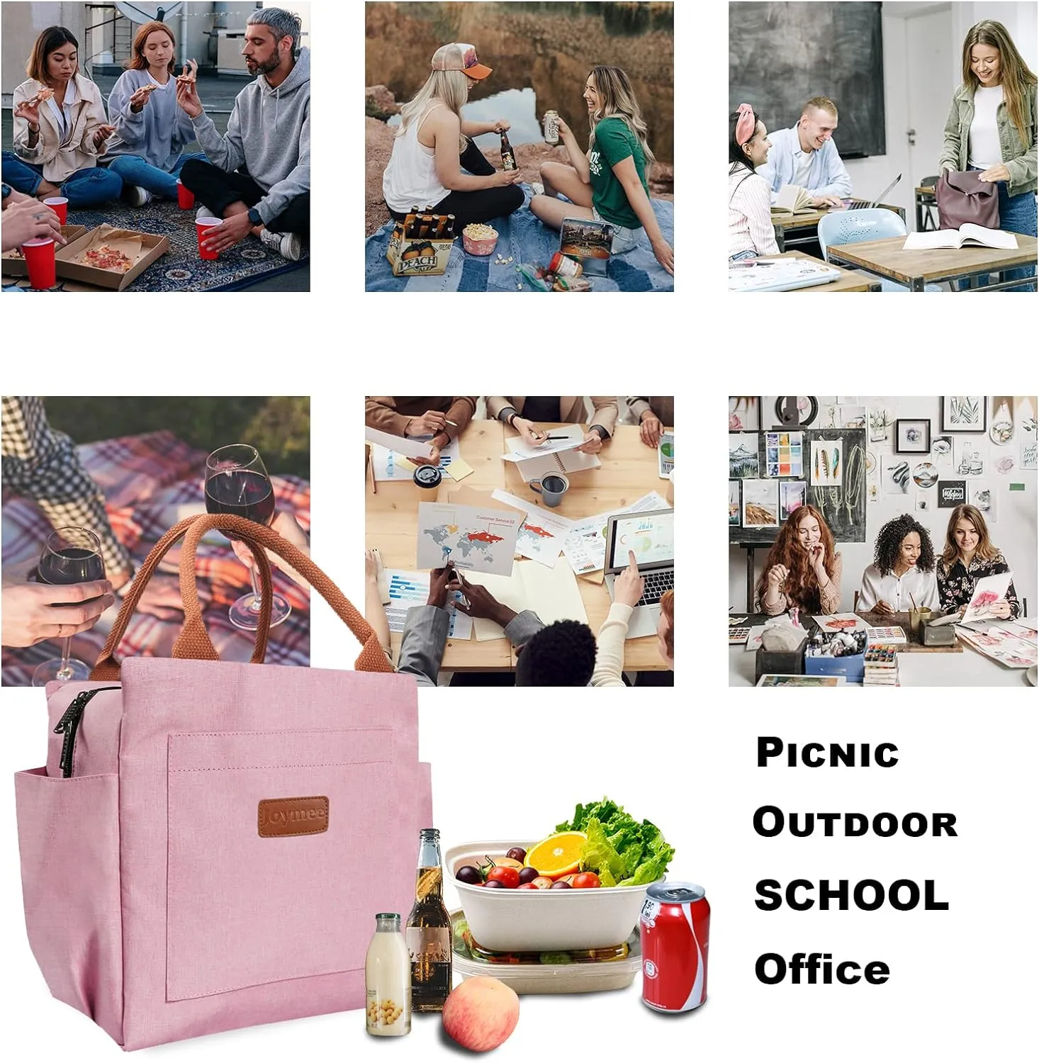 Joymee Lunch Bag Women Insulated Lunch Box Reusable Leakproof Large Spacious Cooler Tote for Womens Mens Adults with Bottle Holder and Side Pockets for Work Office Travel Picnic - Light Pink