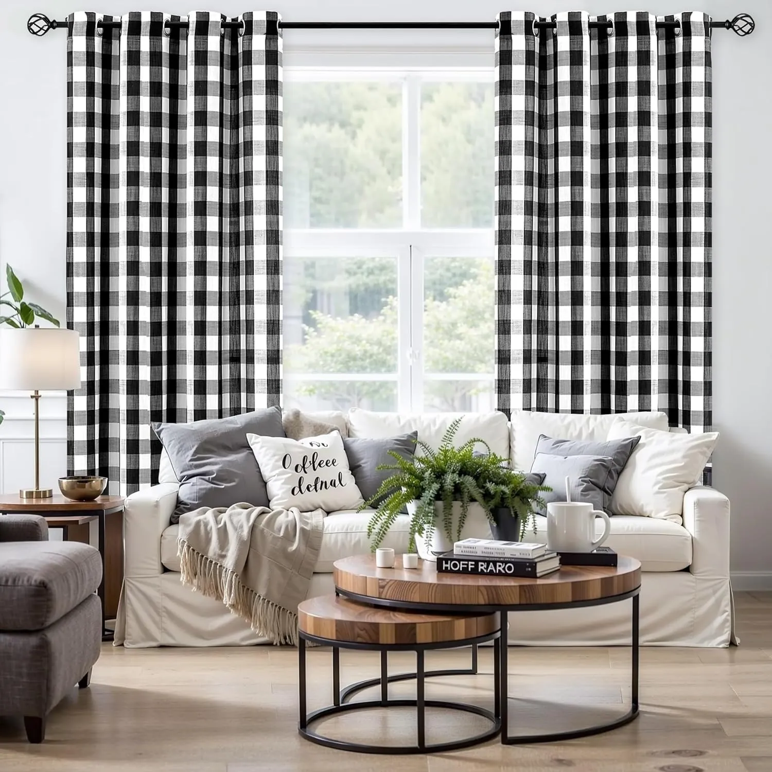 Jubilantex Black White Buffalo Check Semi Sheer Curtain Panels Gingham Plaid Textured Curtains Drapery,Farmhouse Grommet Window Drapes for Living Room Bedroom Kids Room,2 Panels,40"x95"