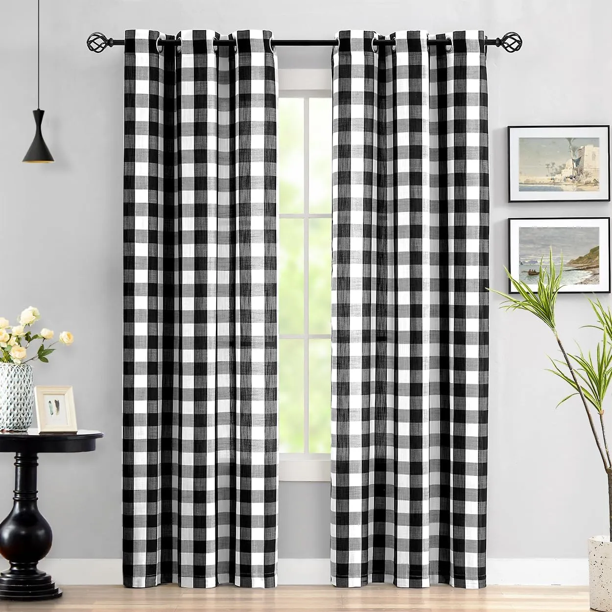 Jubilantex Black White Buffalo Check Semi Sheer Curtain Panels Gingham Plaid Textured Curtains Drapery,Farmhouse Grommet Window Drapes for Living Room Bedroom Kids Room,2 Panels,40"x95"