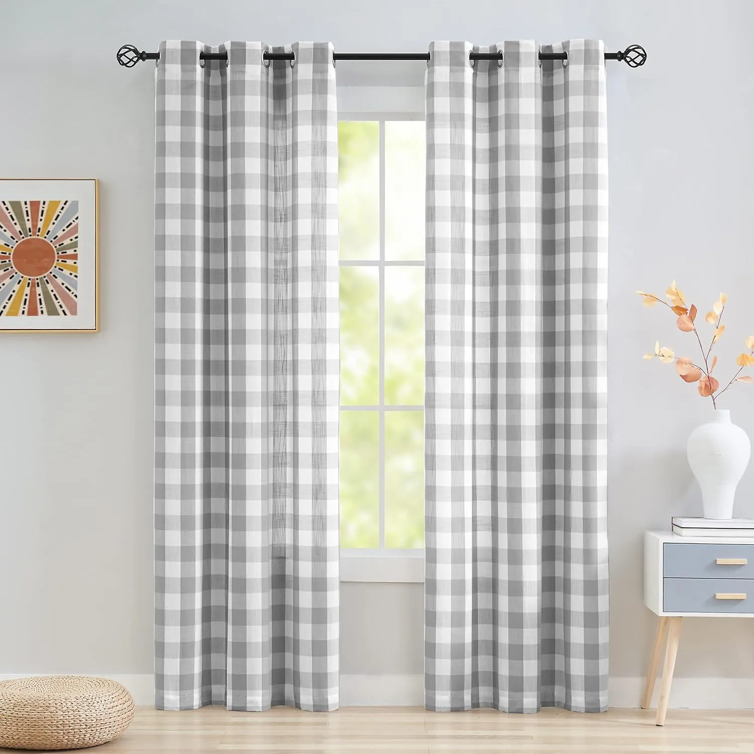Jubilantex Grey White Buffalo Check Semi Sheer Curtain Panels Gingham Plaid Textured Curtains Drapery,Farmhouse Grommet Window Drapes for Living Room Bedroom Kids Room,2 Panels,40"x95"