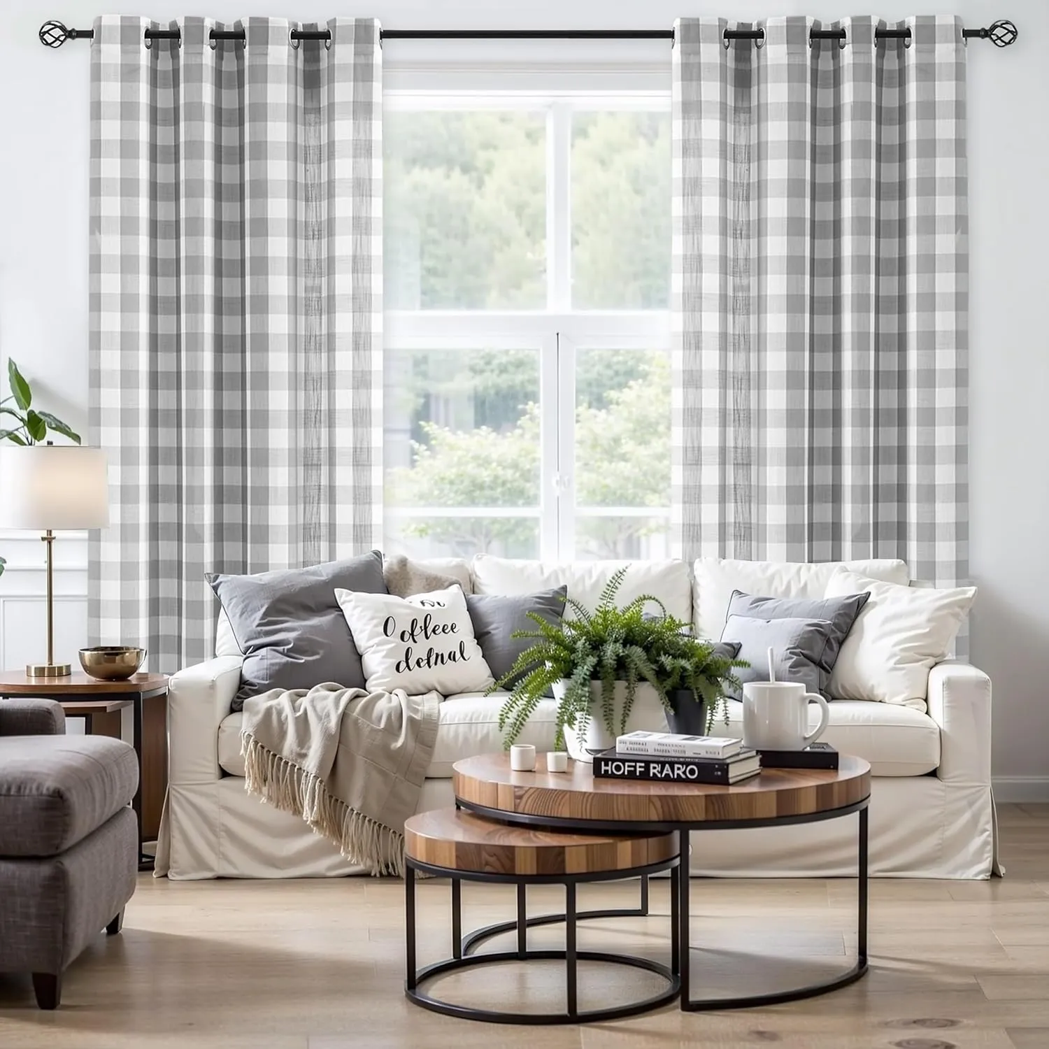 Jubilantex Grey White Buffalo Check Semi Sheer Curtain Panels Gingham Plaid Textured Curtains Drapery,Farmhouse Grommet Window Drapes for Living Room Bedroom Kids Room,2 Panels,40"x95"