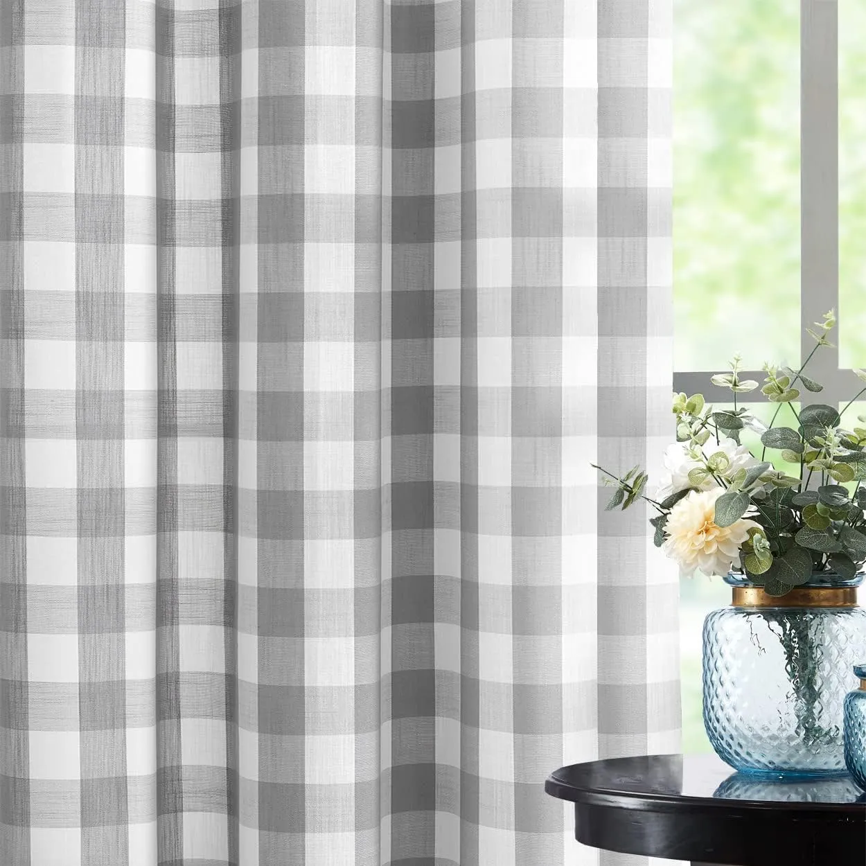 Jubilantex Grey White Buffalo Check Semi Sheer Curtain Panels Gingham Plaid Textured Curtains Drapery,Farmhouse Grommet Window Drapes for Living Room Bedroom Kids Room,2 Panels,40"x95"