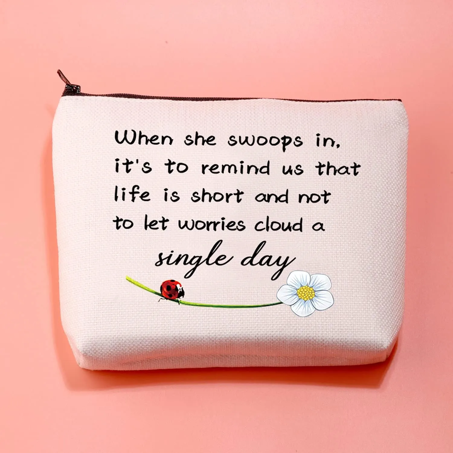 JXGZSO Good Luck Ladybug Makeup Bag With Zipper Gifts For Women When She Swoops In It's To Remind Us Not To Let Worries Cloud A Single Day Cosmetic Bag (Ladybug)