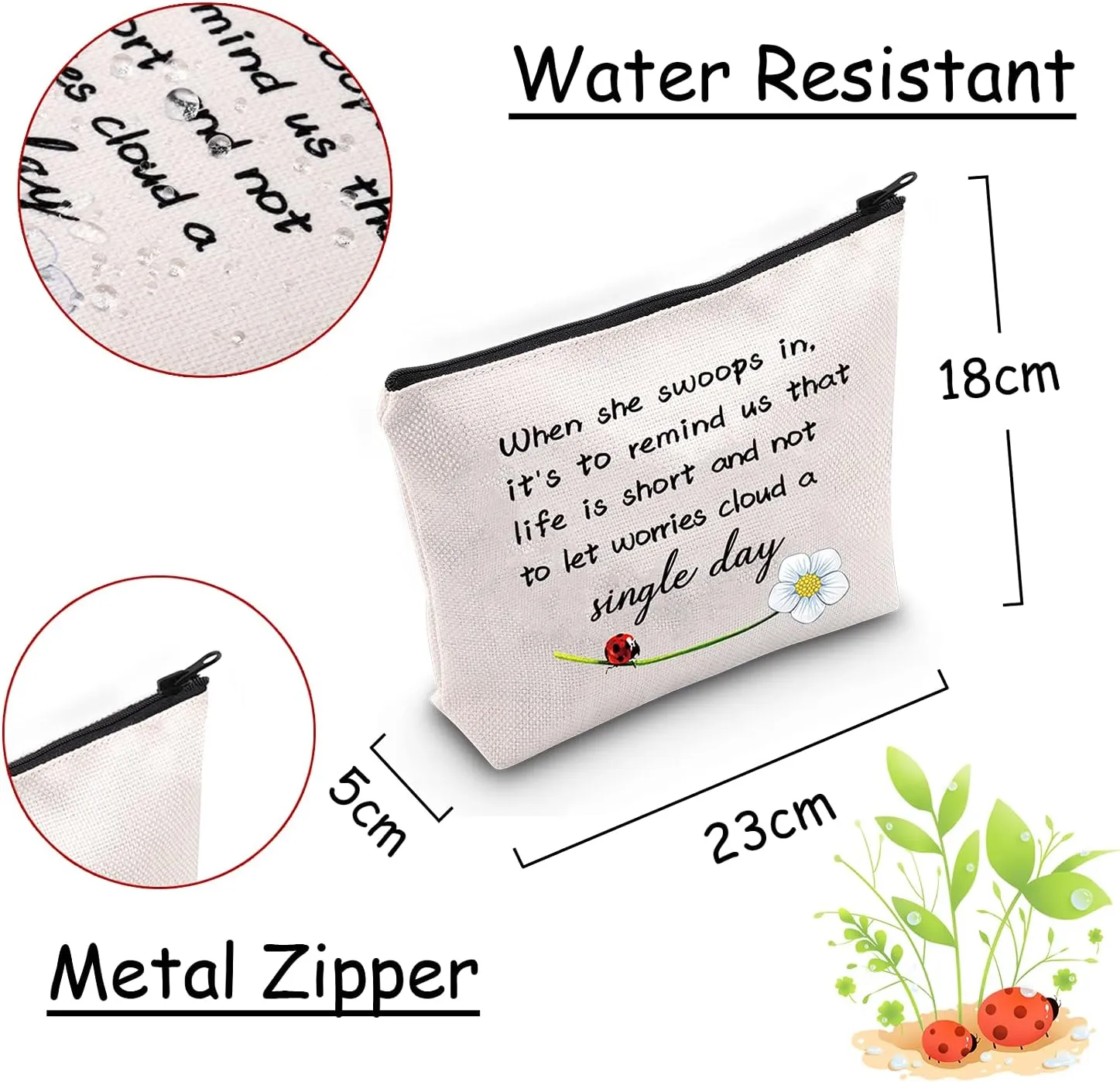 JXGZSO Good Luck Ladybug Makeup Bag With Zipper Gifts For Women When She Swoops In It's To Remind Us Not To Let Worries Cloud A Single Day Cosmetic Bag (Ladybug)