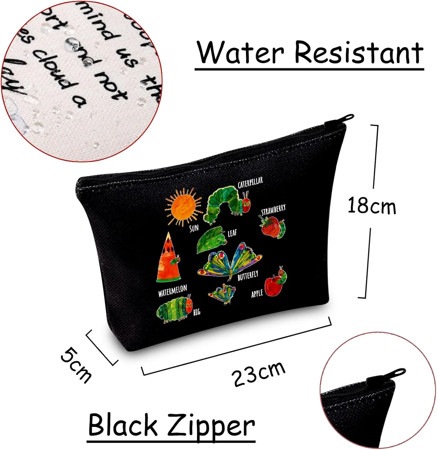 JXGZSO Makeup Bag Rainbow Caterpillar Cosmetic Bag Caterpillar Inspired Gift Bookworm Gift (Rainbow Caterpillar Black)