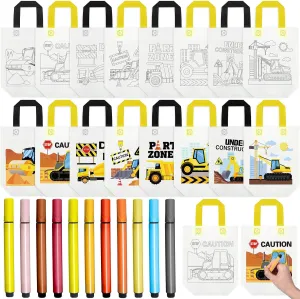 Kajaia 35 Pieces Construction Coloring Goodie Bags with Colorful Markers Construction Party Favor Bags Reusable Coloring Bags Non Woven Tote Bags for Kids DIY Construction Trucks Party Supplies
