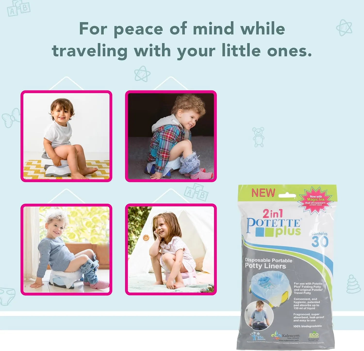 Kalencom Potette Plus Potty Seat Liners - Disposable, Leakproof Liners for Travel Potty Seat - Fragranced to Absorb Odor - 30 Count