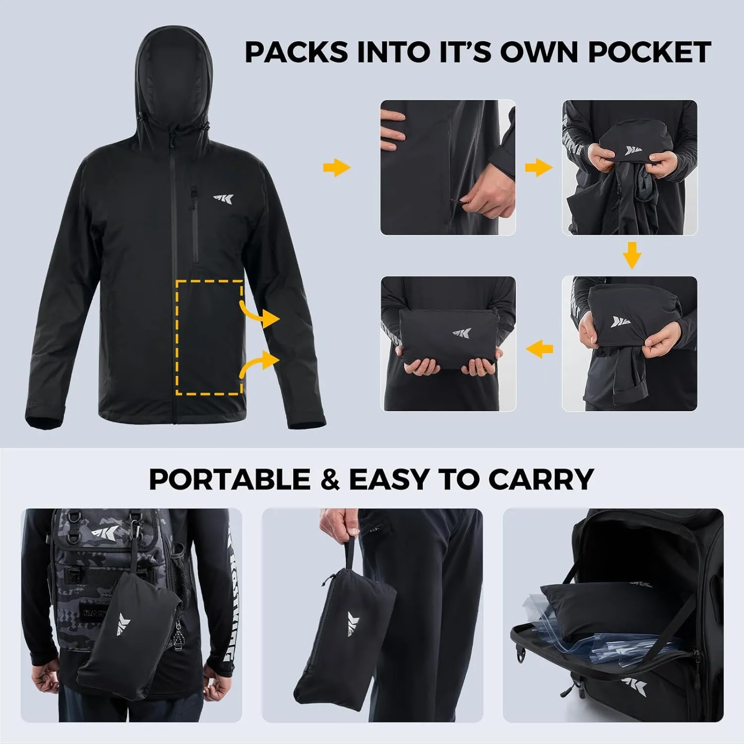 KastKing HydroArmor Lightweight Rain Jacket, 2.5-Layer Waterproof Fishing Hiking Rain Suit for Men, Packable Rain Gear