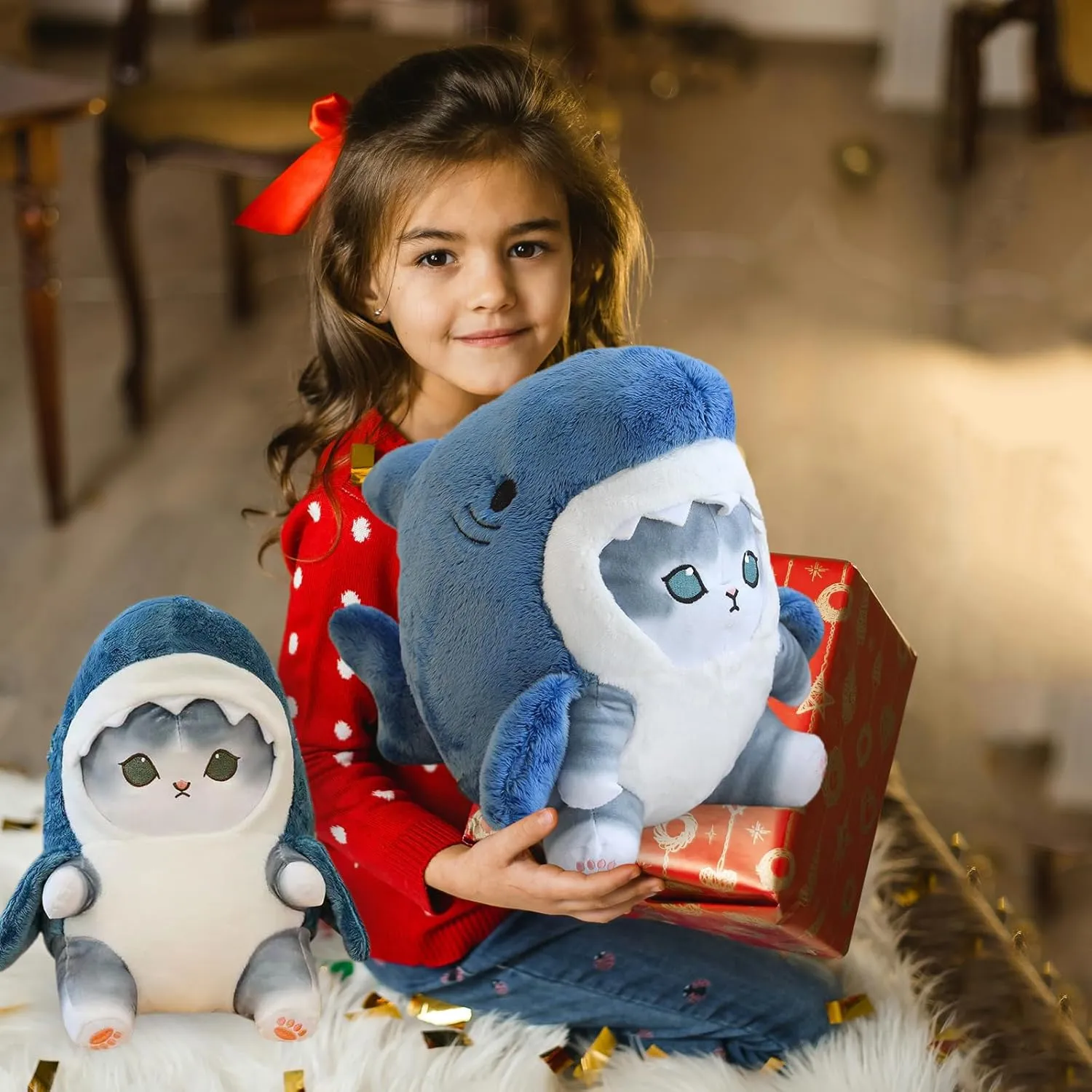 Kawaii Shark Cat Plush Toy Stuffed Animal Doll, Cute Soft Pillow Stress Release Hugs Toys Christmas Halloween Birthday Gifts for Kids Boys Girl Best Gift (Blue - Grey,12 inch)